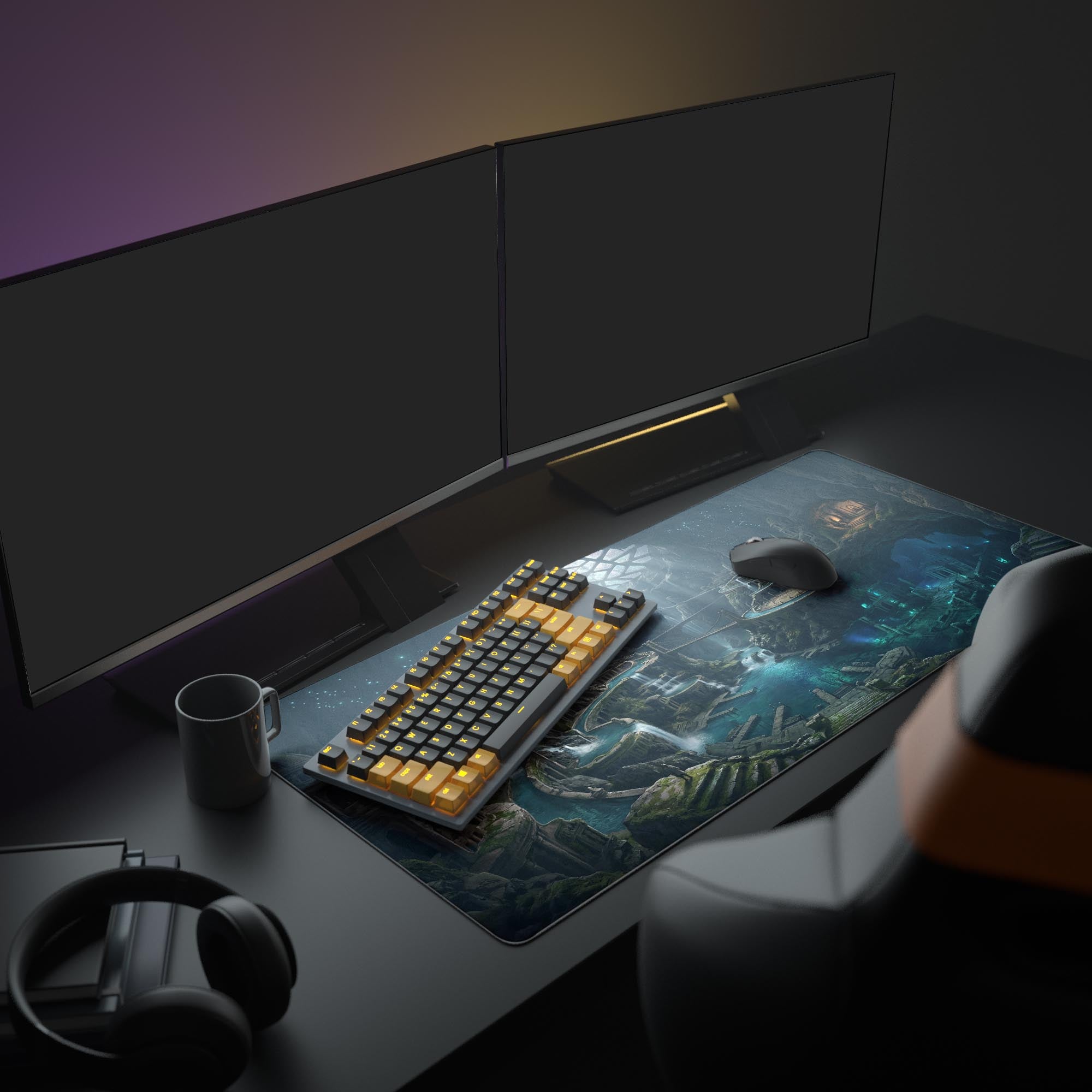 An immersive PC gaming setup featuring the Lost Cavern City XL mouse pad, with multiple monitors, an RGB keyboard, and a mouse creating a fantasy-themed workspace. - Epic Design Pads & Mousepads