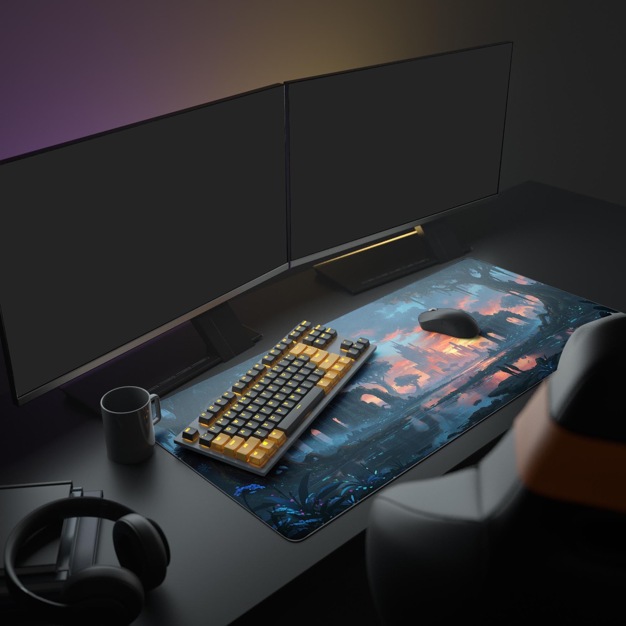 Large castle landscape desk mat featured in an aesthetic gaming setup with dual monitors, headphones, and a mechanical keyboard. - Epic Design Pads