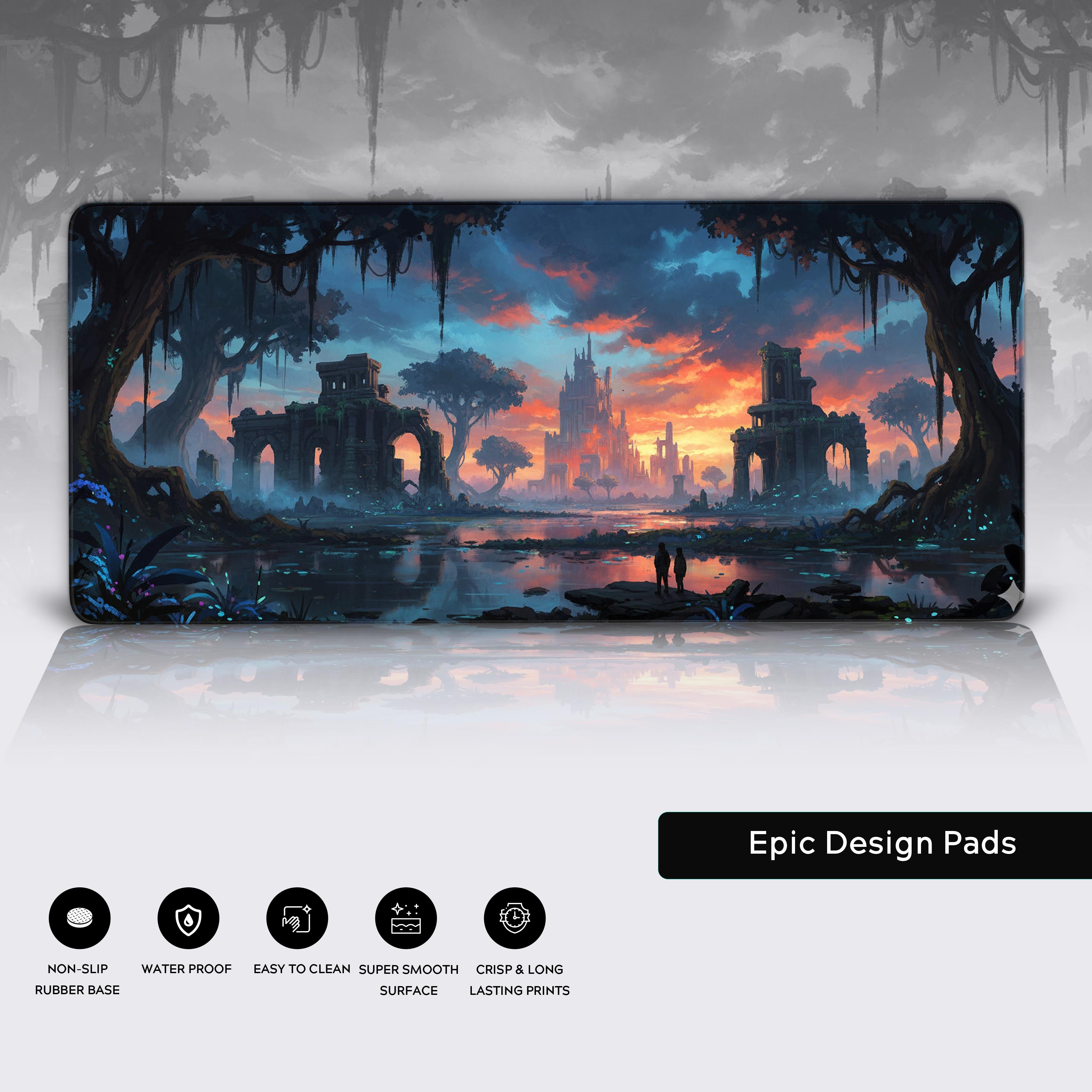 Close-up of the Lost Horizons fantasy desk mat showcasing the high-quality stitched edges, water-resistant surface, and non-slip rubber base. - Epic Design Pads