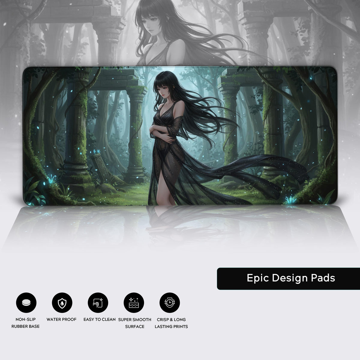 Large 'Lost in Forest' gaming desk mat shown in a dark fantasy gaming setup with a mechanical keyboard, dual monitors, and ambient lighting. - Epic Design Pads