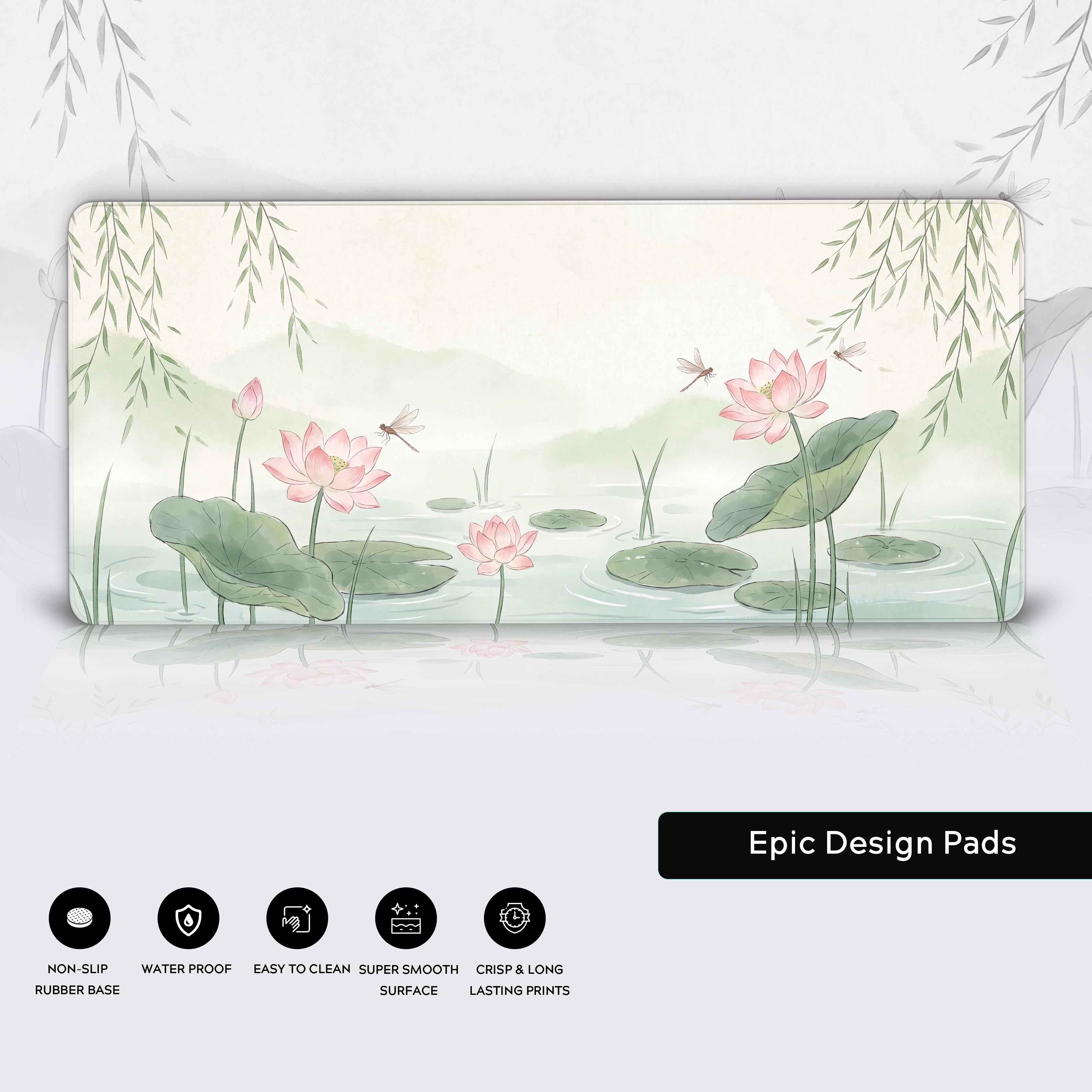 Features of the Lotus desk mat including non-slip base, waterproof surface, and crisp prints