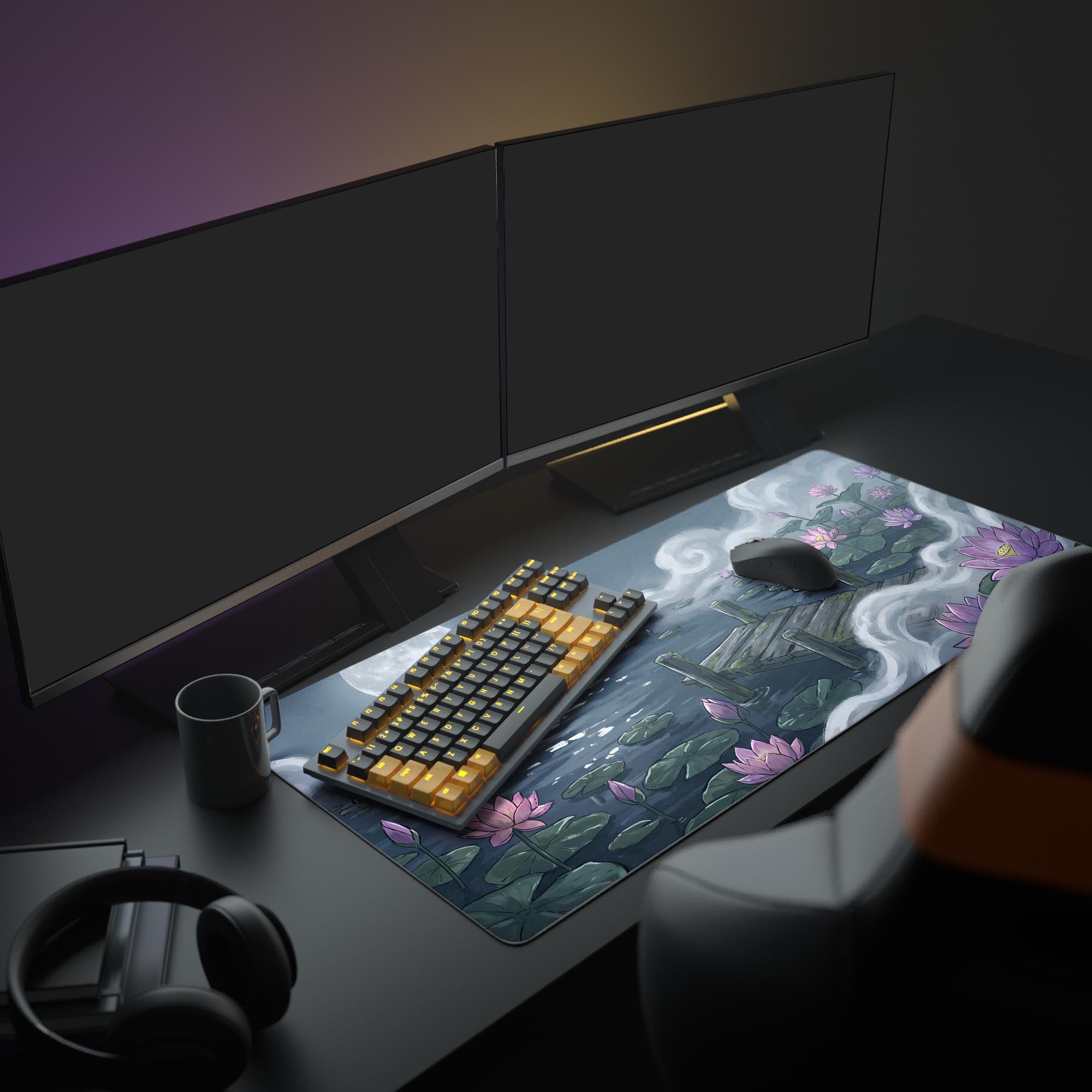 Close up of vibrant pink lotus flowers and a rustic wooden pier against a dark night sky on a gaming mouse pad