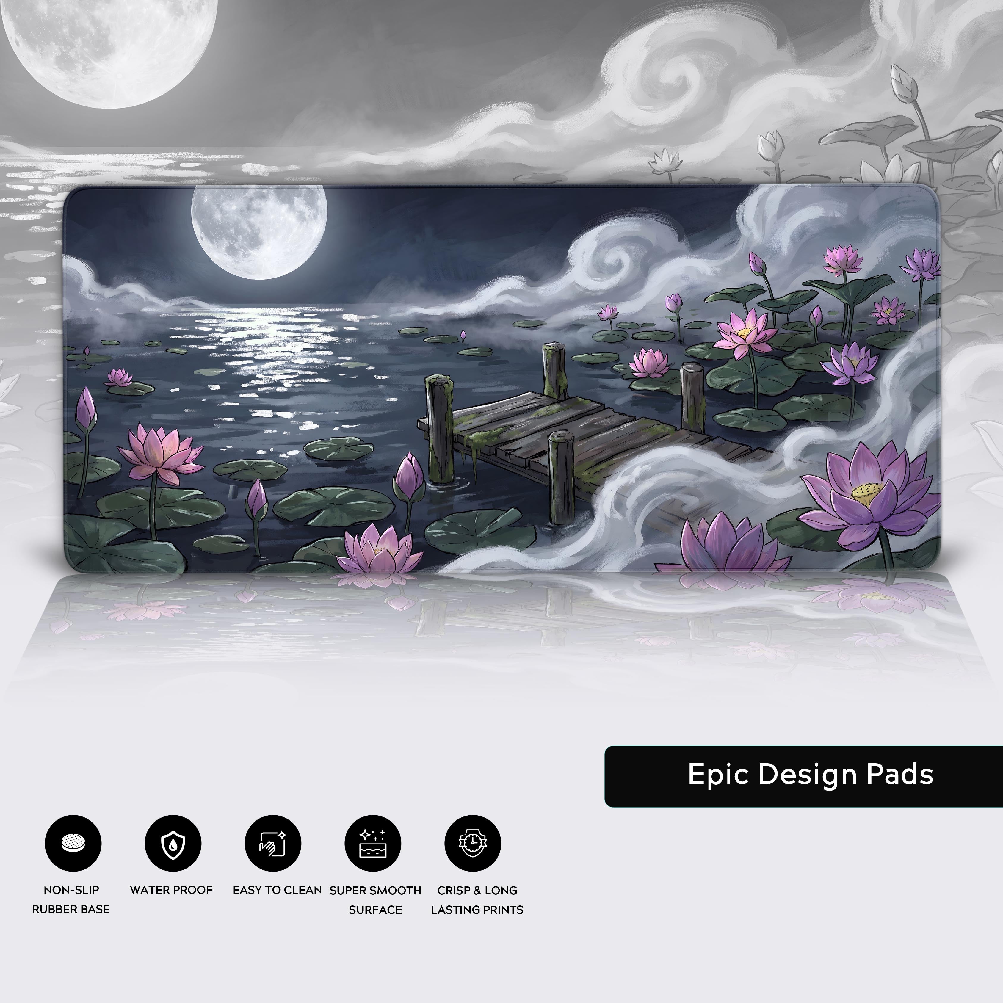 Large beautiful desk pad with tranquil midnight lotus and moon art, perfect for a serene gaming setup