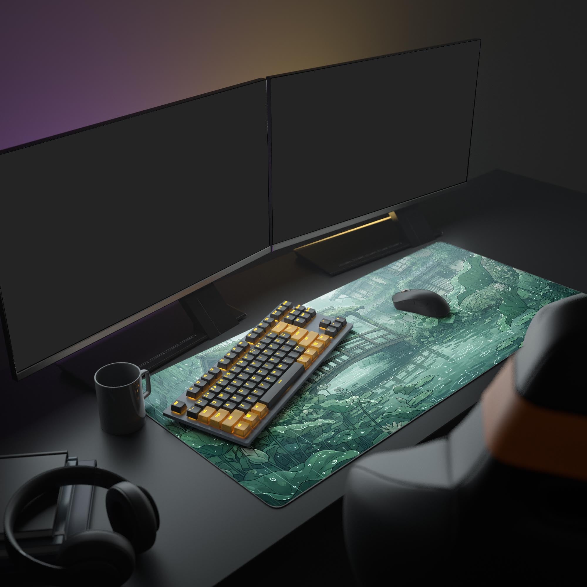 Close-up of the serene anime-style lotus pond and detailed rain drops on the gaming mouse pad.