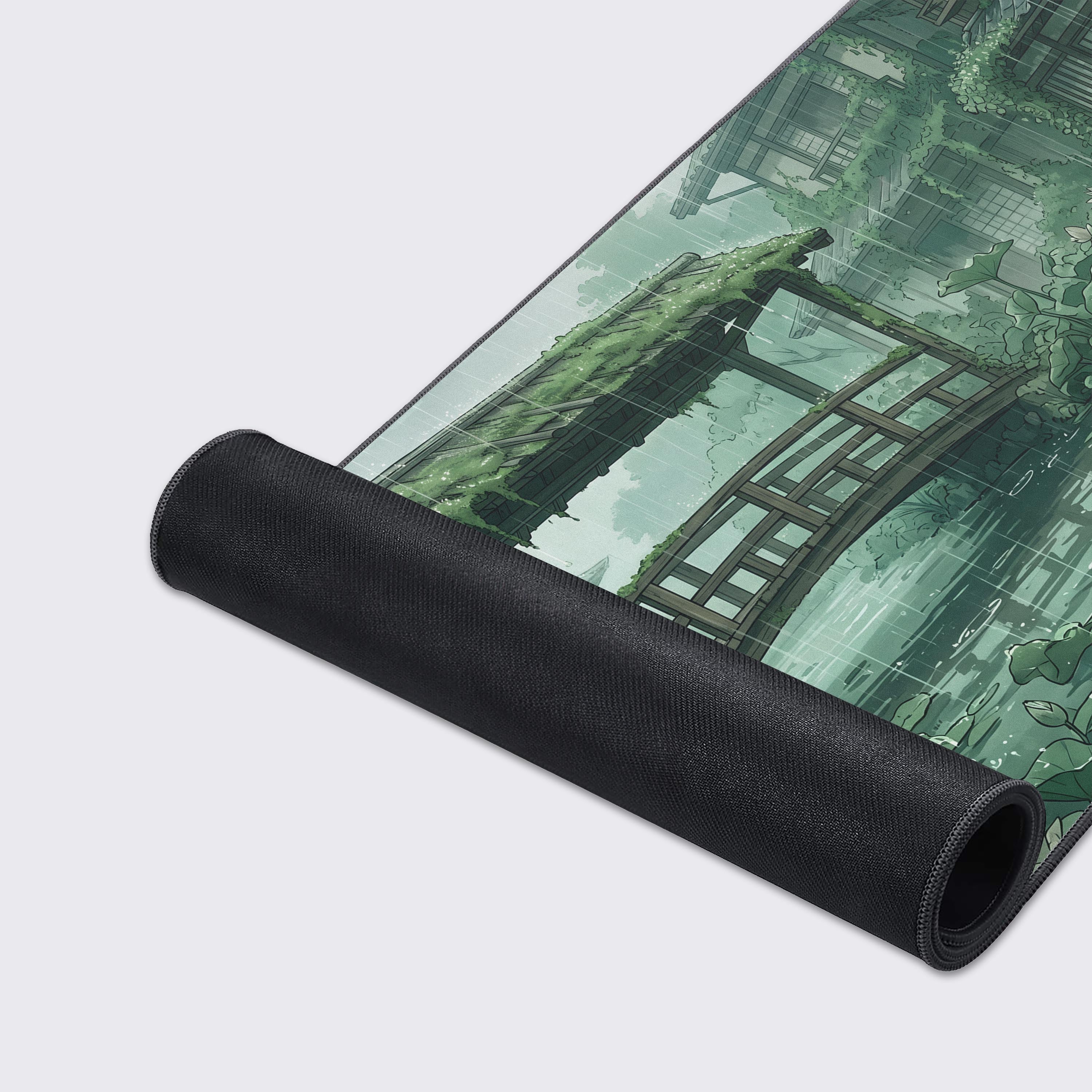 Top-down view of the large green lotus garden desk mat illustrating an over-water wooden bridge.