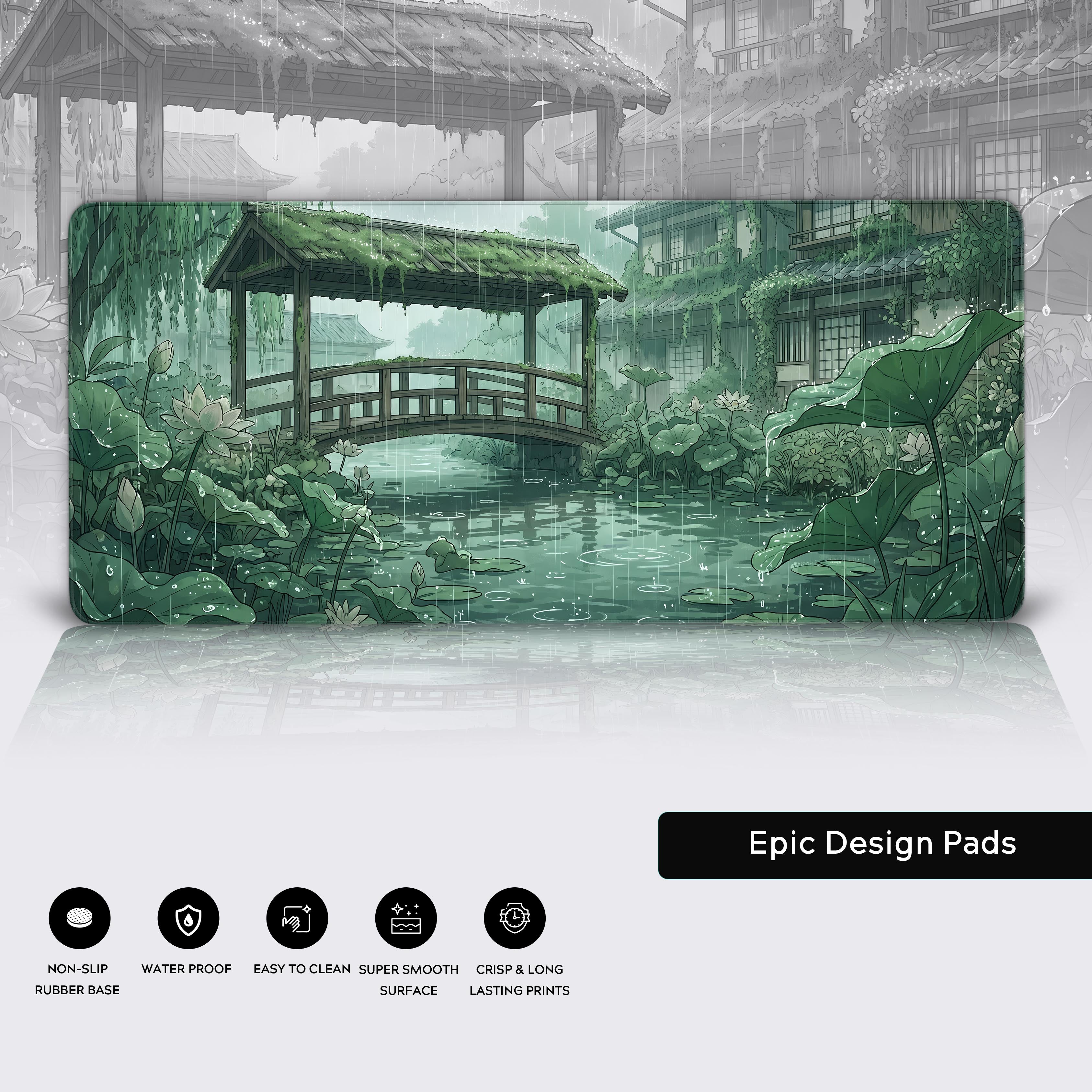 Icon breakdown showing non-slip rubber base, waterproof, easy to clean, smooth surface, and crisp prints features.