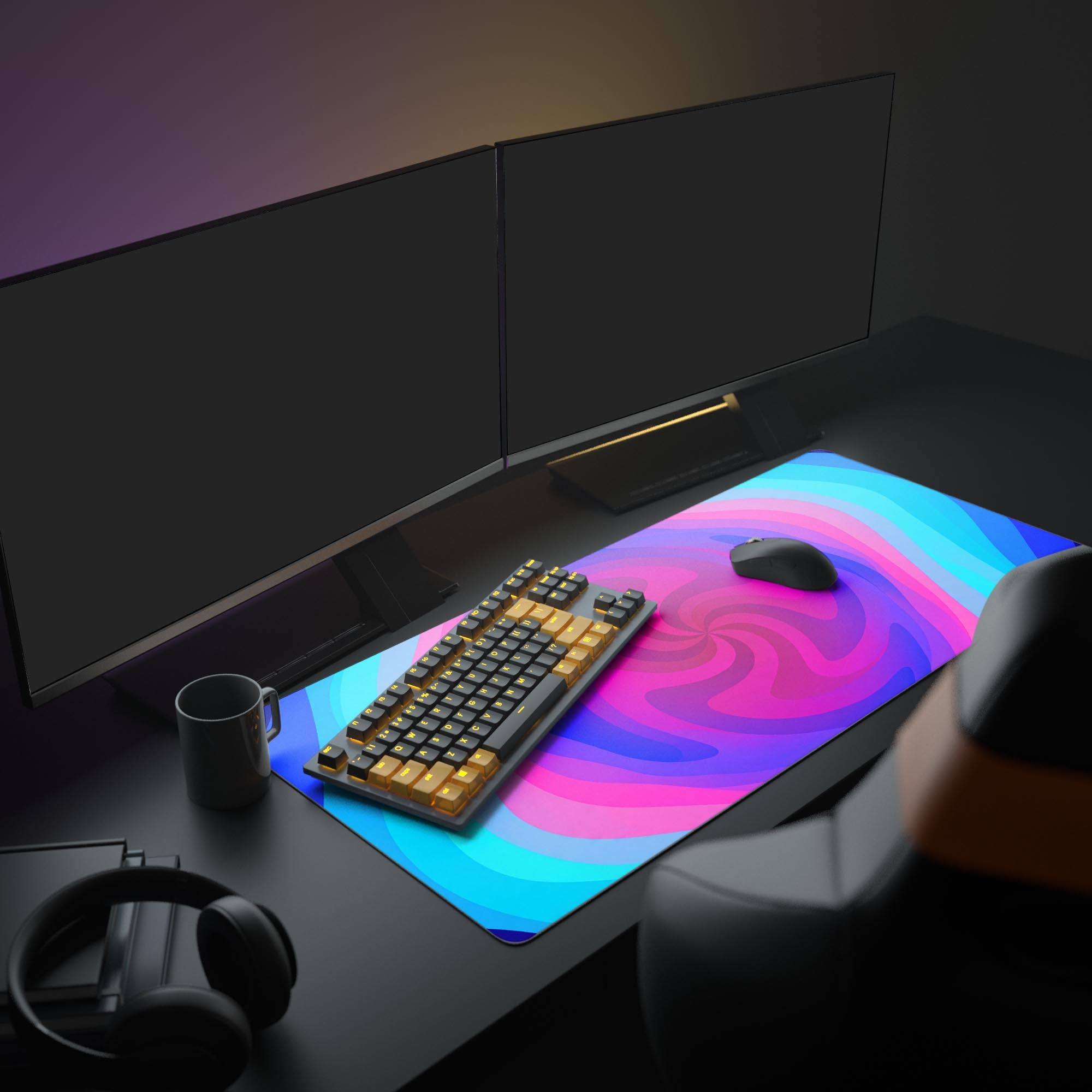 A vibrant PC setup featuring the Lucid Spiral gaming desk mat, enhancing the aesthetic of a modern desk with a large monitor and peripherals. - Epic Design Pads & Mousepads
