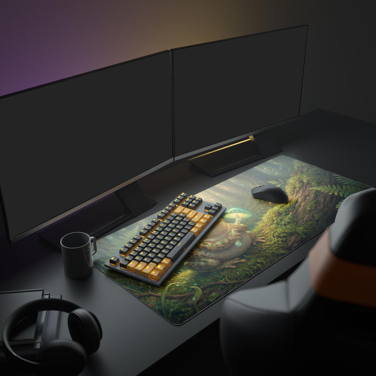 A cozy PC setup featuring the Luminous Warden frog gaming desk mat, enhancing a workspace with multiple monitors and glowing peripherals. - Epic Design Pads & Mousepads
