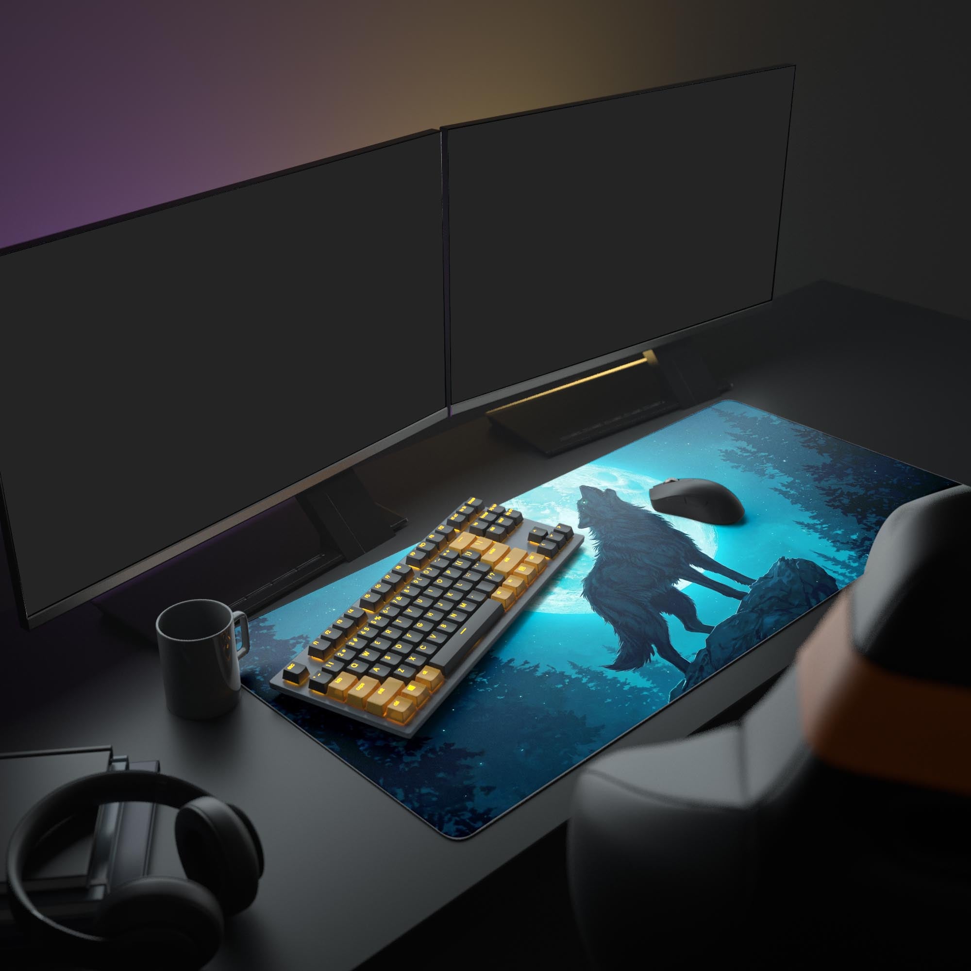Large Lunar Call gaming desk mat with howling wolf design – shown in an aesthetic desk setup with dual monitors and headphones. - Epic Design Pads & Mousepads