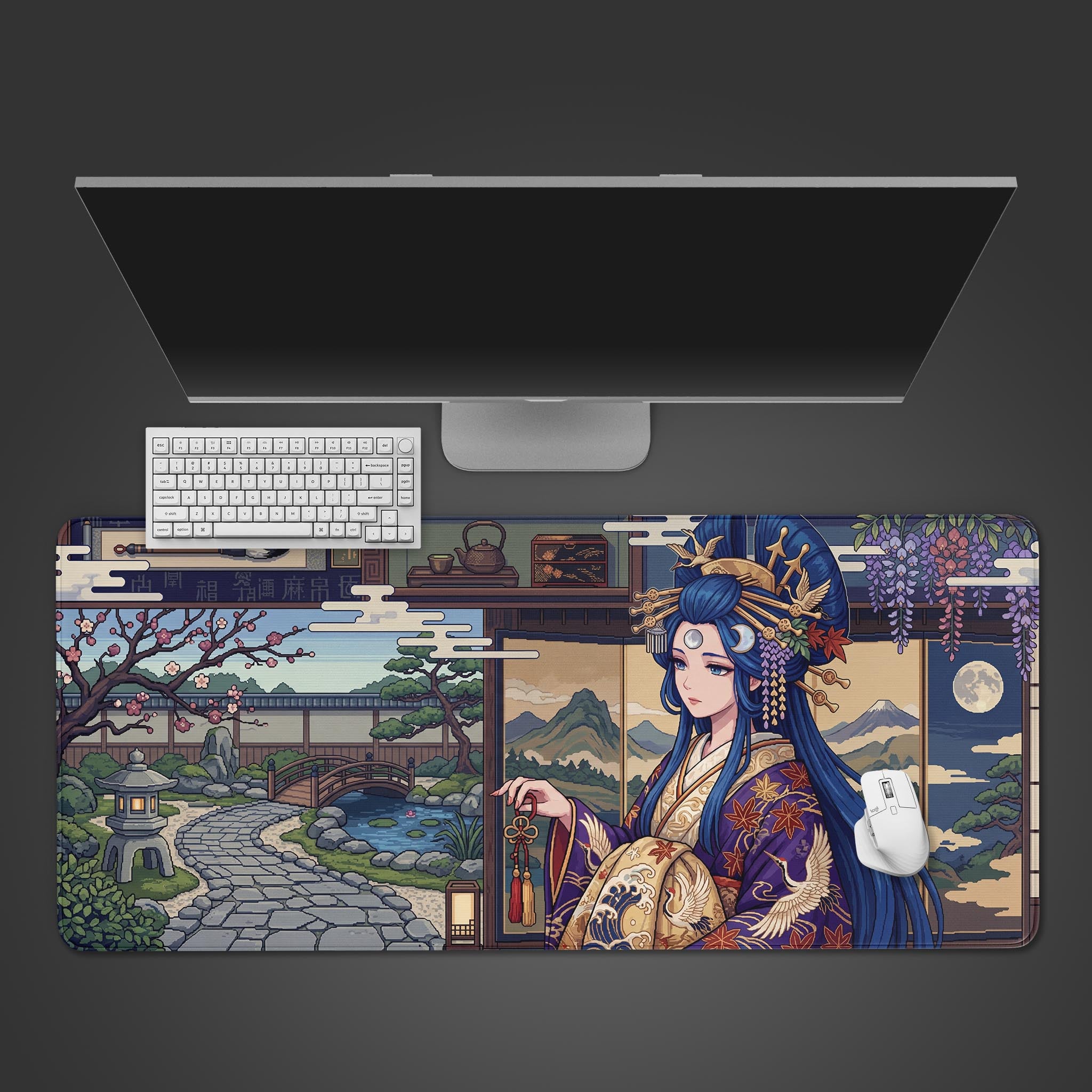 Top-down view of the Lunar Empress gaming desk mat featuring a Japanese anime design, shown with a white keyboard, mouse, and a sleek monitor. - Epic Design Pads & Mousepads