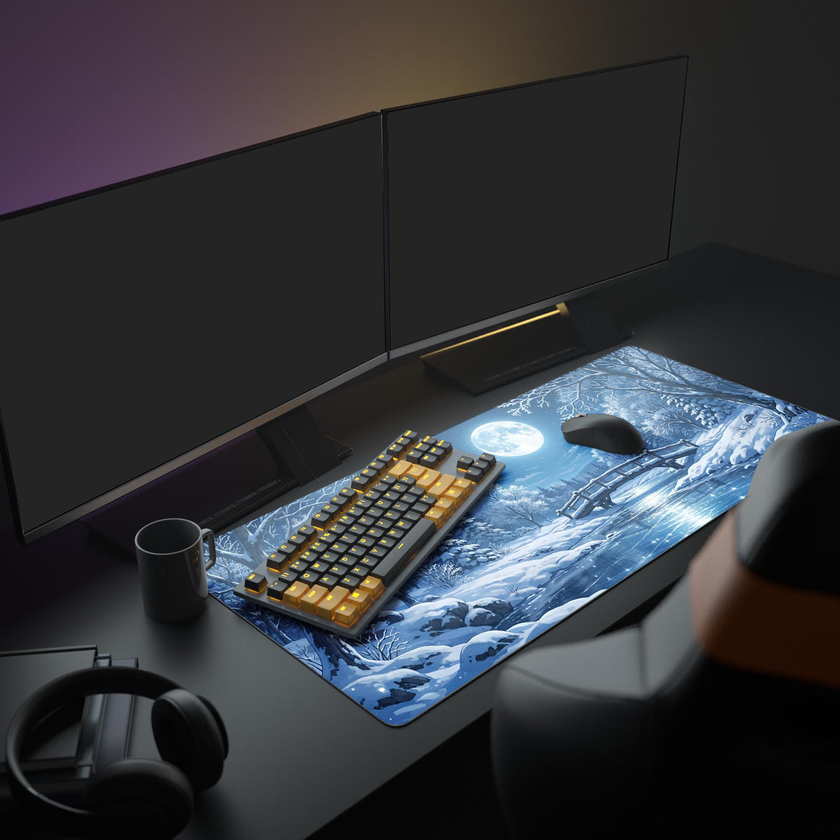 A full PC setup featuring the Lunar Frost XL mouse pad. The snowy landscape design complements a dual-monitor display and peripherals, creating a serene aesthetic. - Epic Design Pads & Mousepads