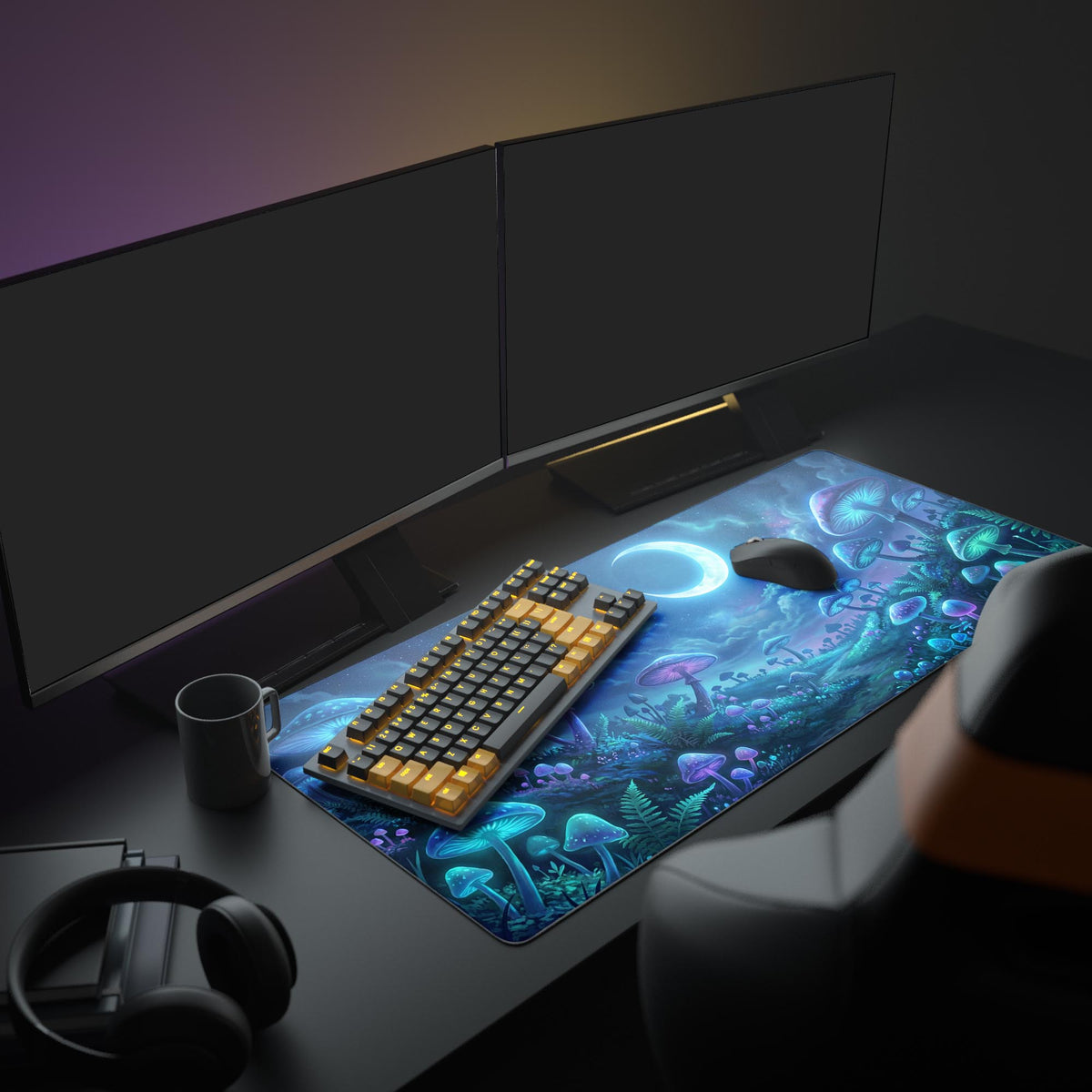 A vibrant gaming setup featuring the Lunar Fungi mouse pad, which illuminates the desk with its glowing purple and blue mushroom design under a large monitor. - Epic Design Pads & Mousepads