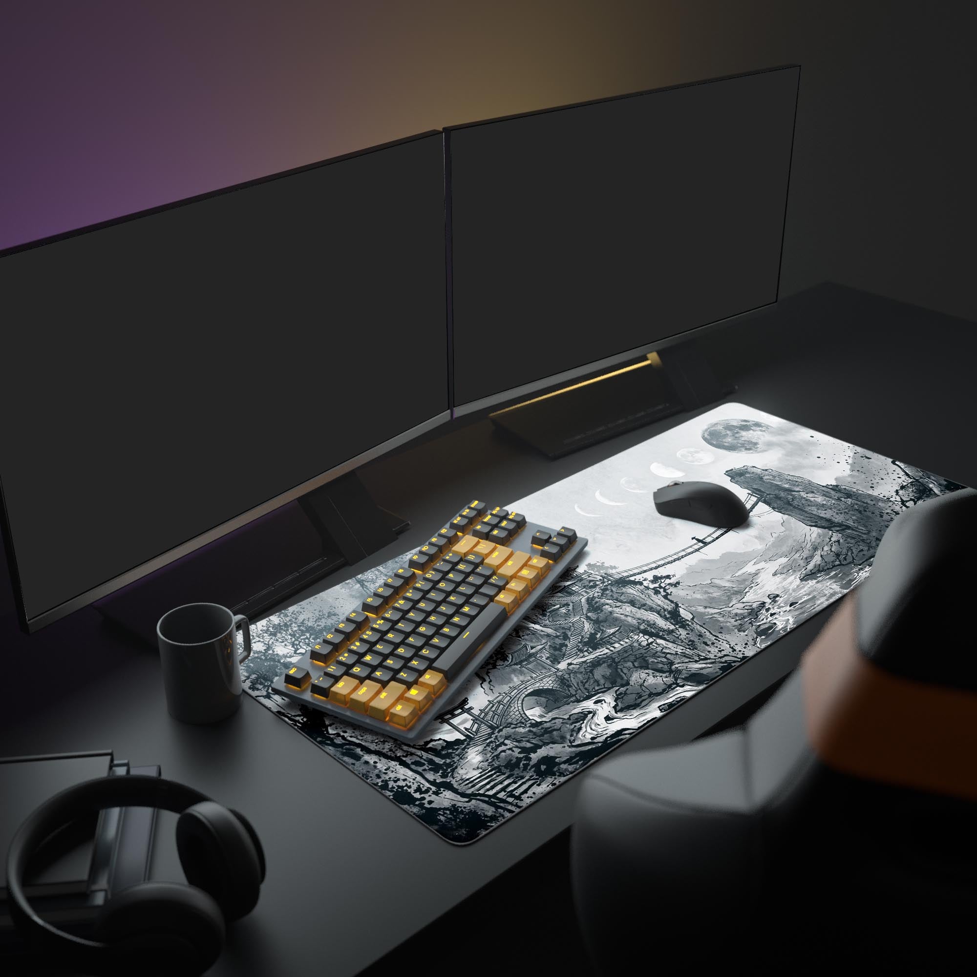 A minimalist desk setup featuring the Lunar Passage Gaming Desk Mat under a large monitor, with a white keyboard and mouse, creating a focused, monochrome aesthetic. - Epic Design Pads & Mousepads