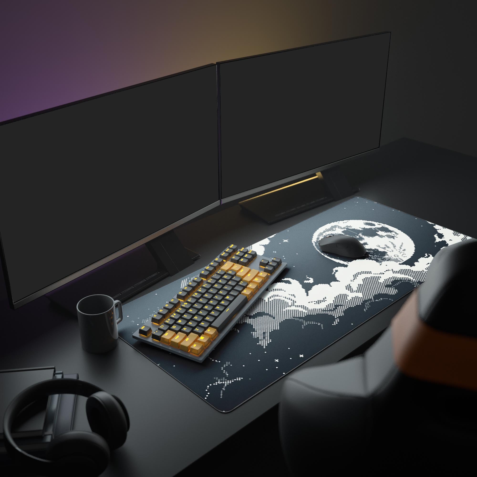 Large retro pixel art mouse pad featuring a black and white moon. Shown in a minimalist tech desk setup with dual monitors and headphones. - Epic Design Pads & Mousepads
