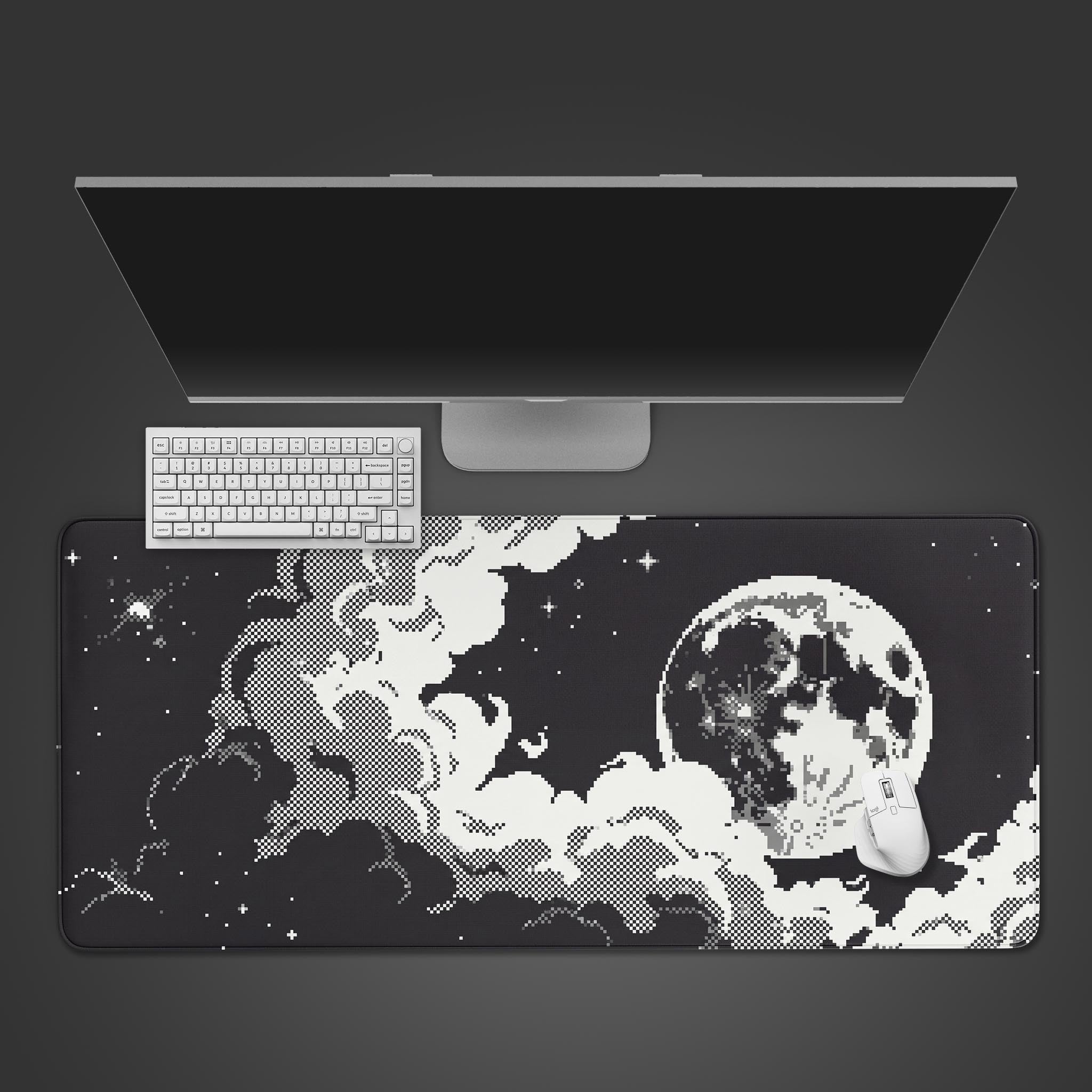 Lunar Static black and white desk mat with dithered retro pixel art cosmos design. Top-down view shown with a minimalist mechanical keyboard and mouse. - Epic Design Pads & Mousepads