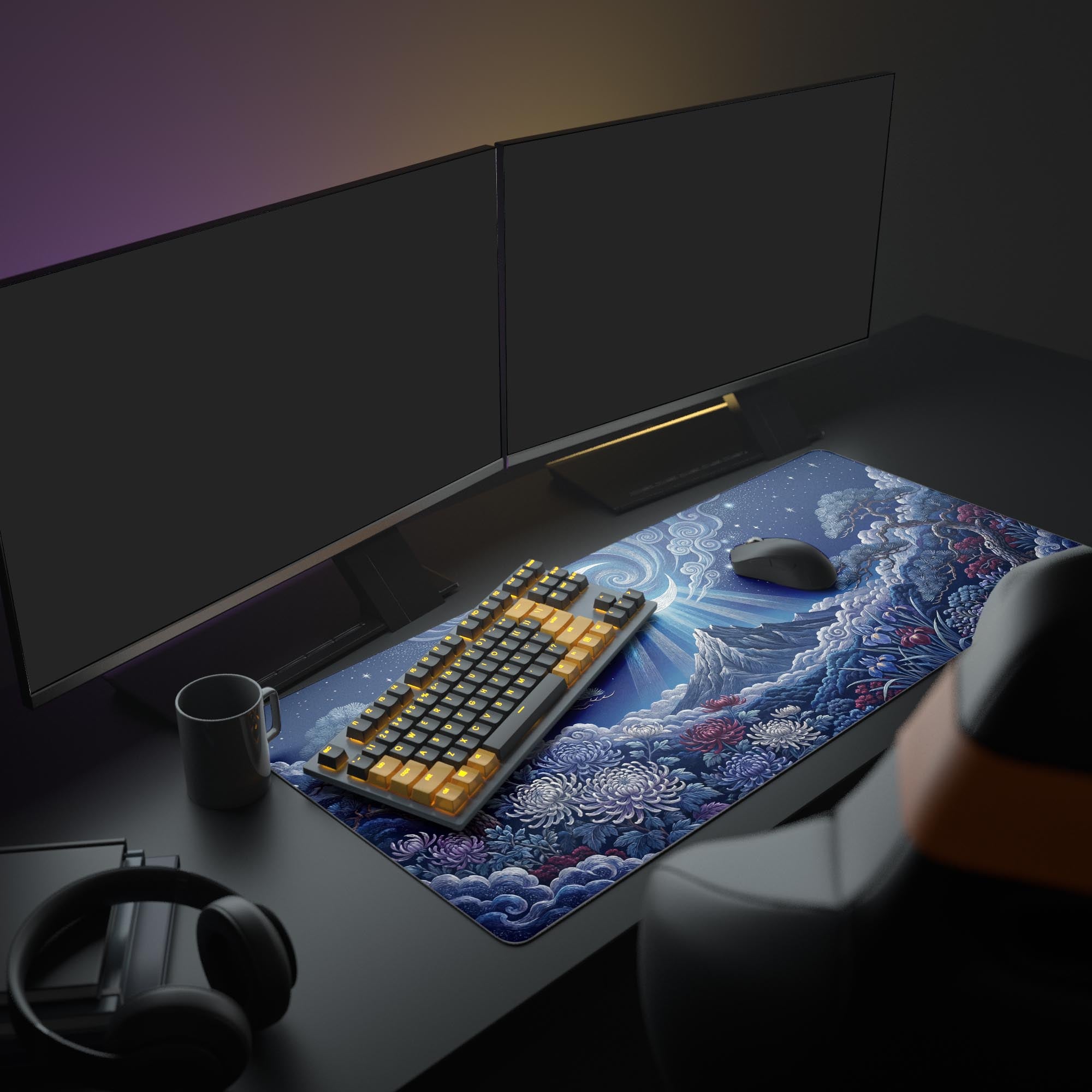A full gaming setup featuring the Lunar Tapestry mouse pad, which complements the glowing keyboard and multiple monitors with its celestial, starry night design. - Epic Design Pads & Mousepads