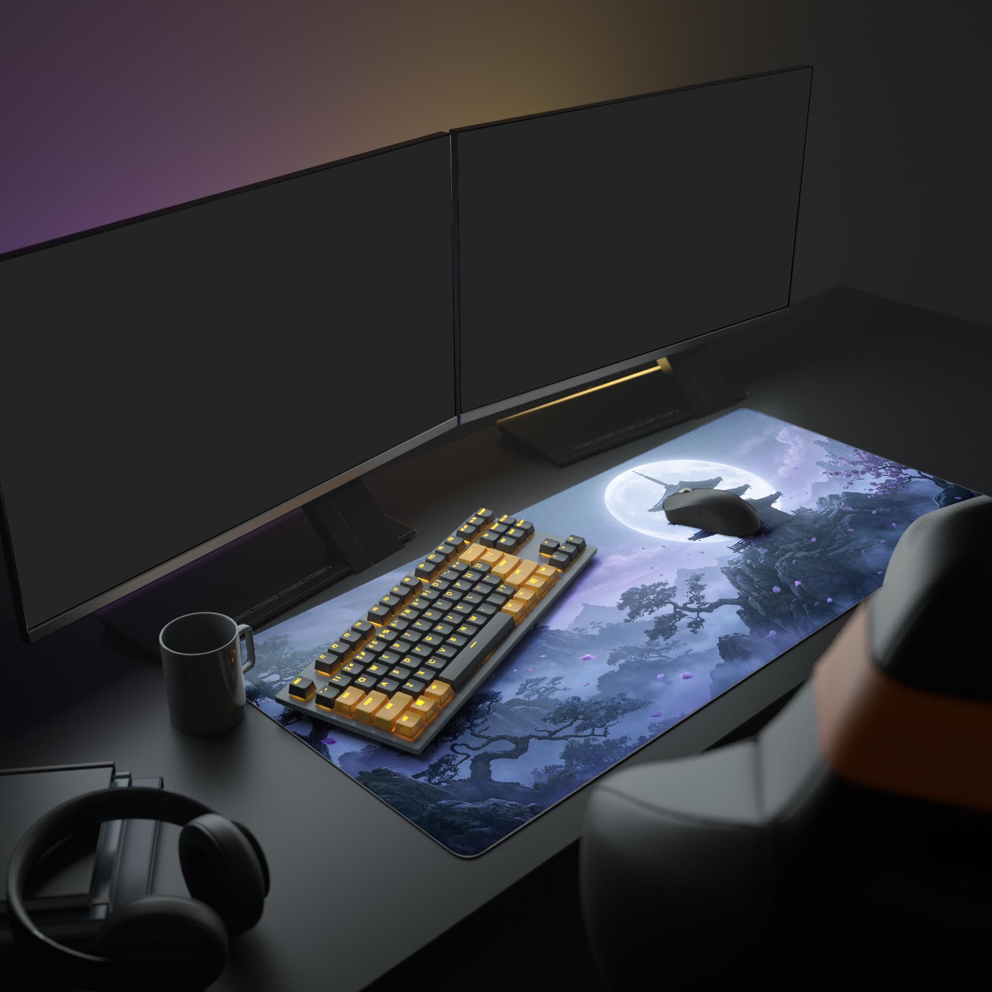 A full gaming setup featuring the Lunar Zen mouse pad, which depicts a purple night scene with a pagoda. The desk includes a large monitor, keyboard, and mouse. - Epic Design Pads & Mousepads