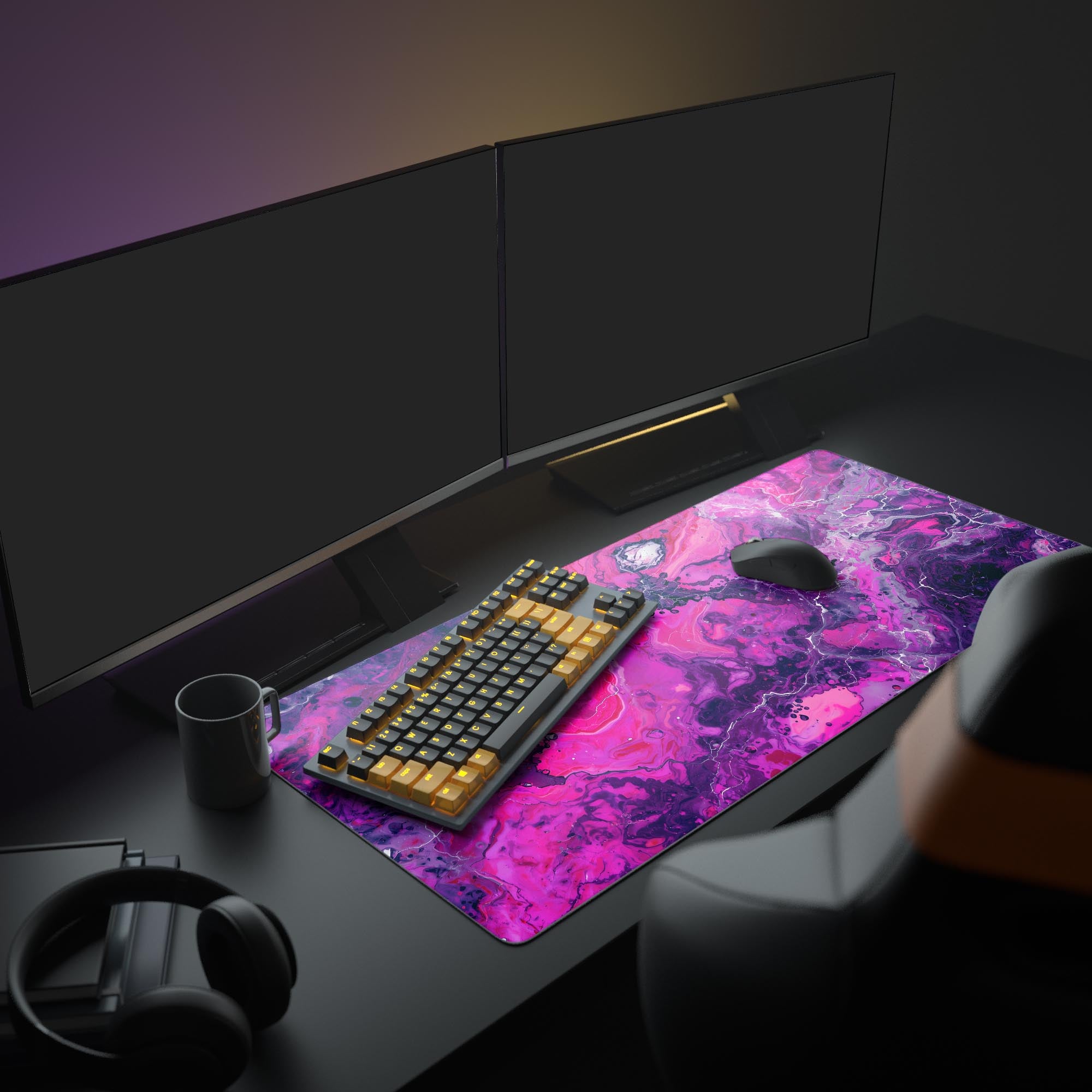 Large Magenta Liquid gaming desk mat in a full setup with dual monitors, a mechanical keyboard, and headphones, creating a vibrant creative workspace. - Epic Design Pads & Mousepads