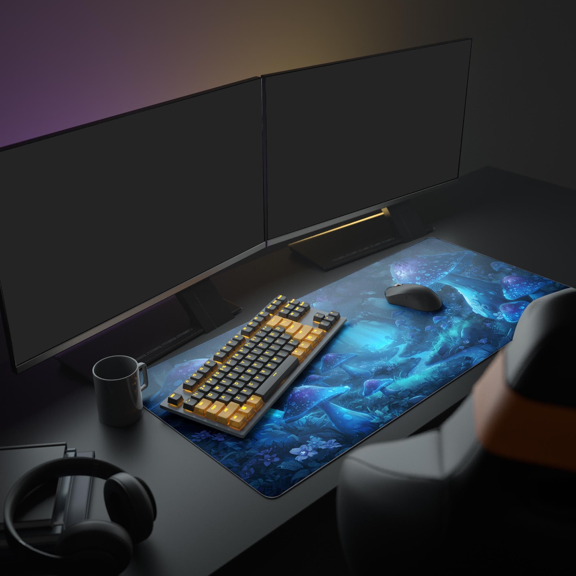 Large Magic Grove gaming desk mat with glowing mushroom design, featured in a full gaming setup with dual monitors, headphones, and purple ambient lighting. - Epic Design Pads & Mousepads