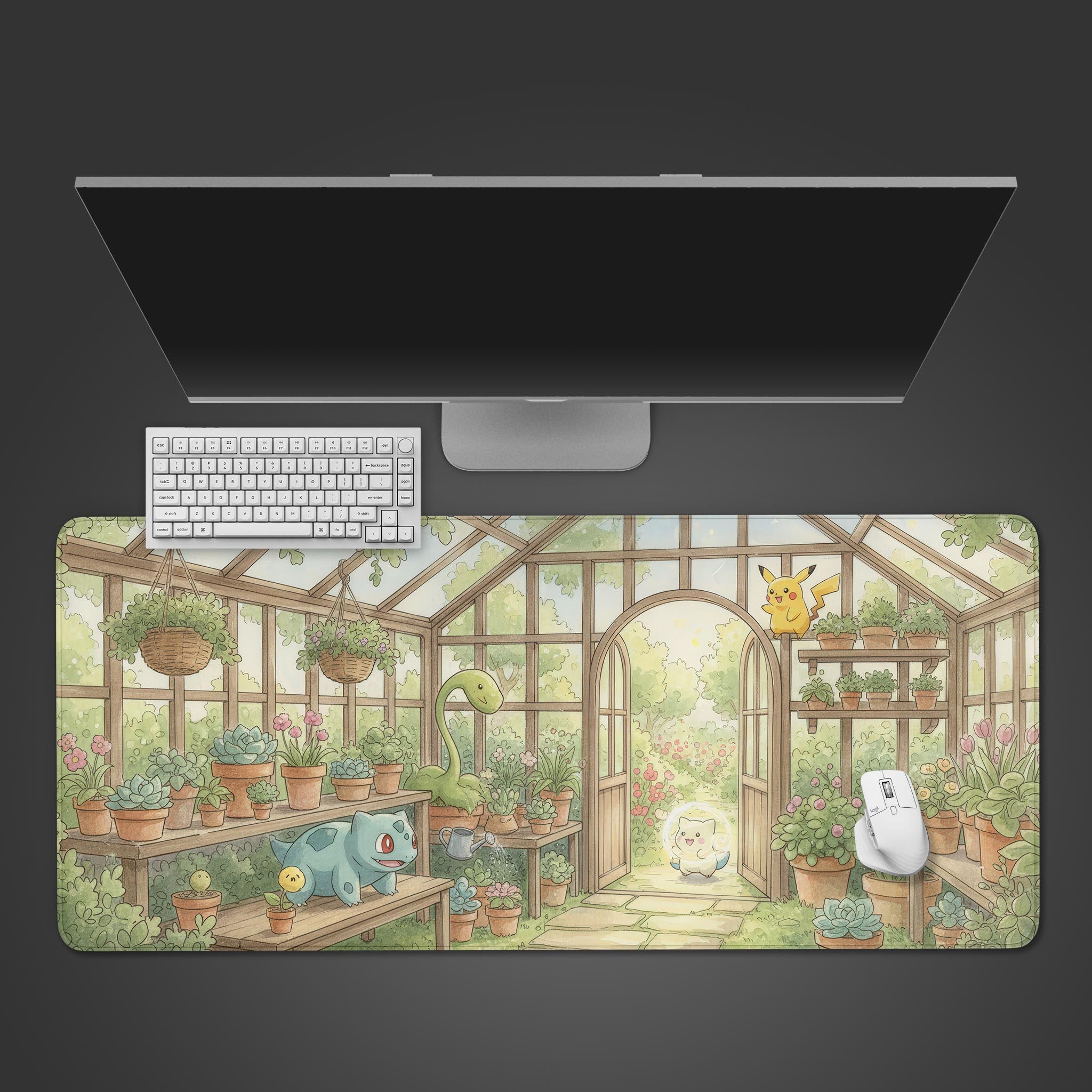Magical Greenhouse desk mat with cute Pokémon design, shown from a top-down view with a keyboard and mouse. - Epic Design Pads
