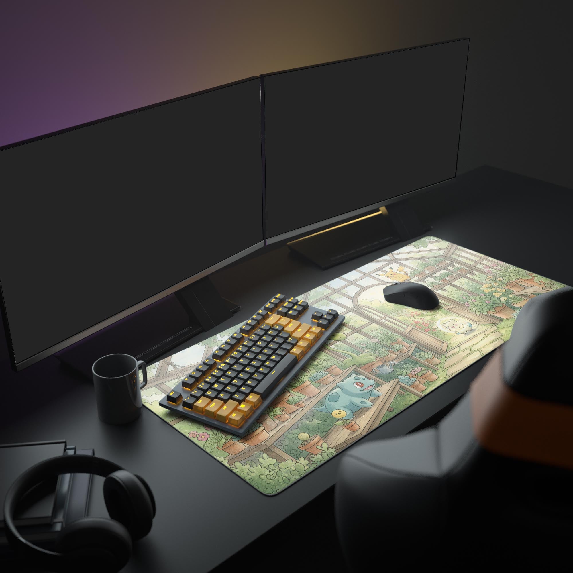 Large Magical Greenhouse Pokémon desk mat in a cozy gaming setup with a mechanical keyboard, dual monitors, and headphones. - Epic Design Pads