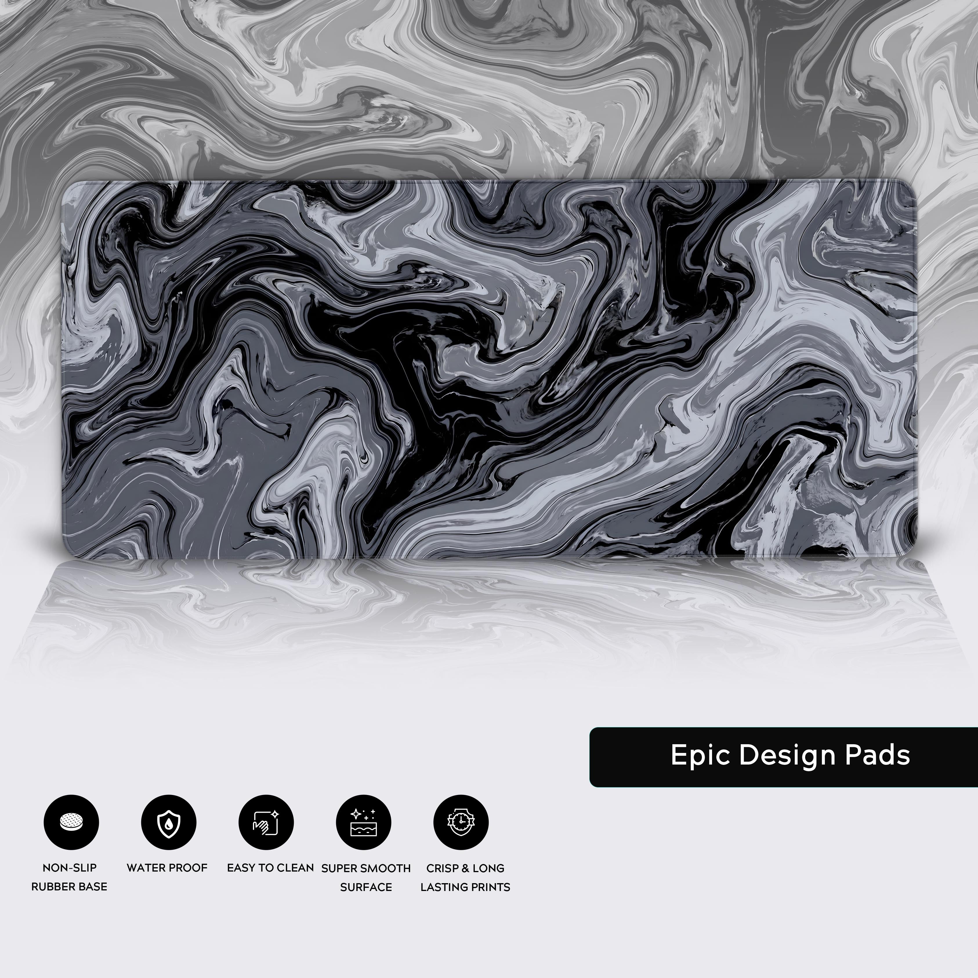 Minimalist workspace setup showcasing the black and white marble desk mat with non-slip base
