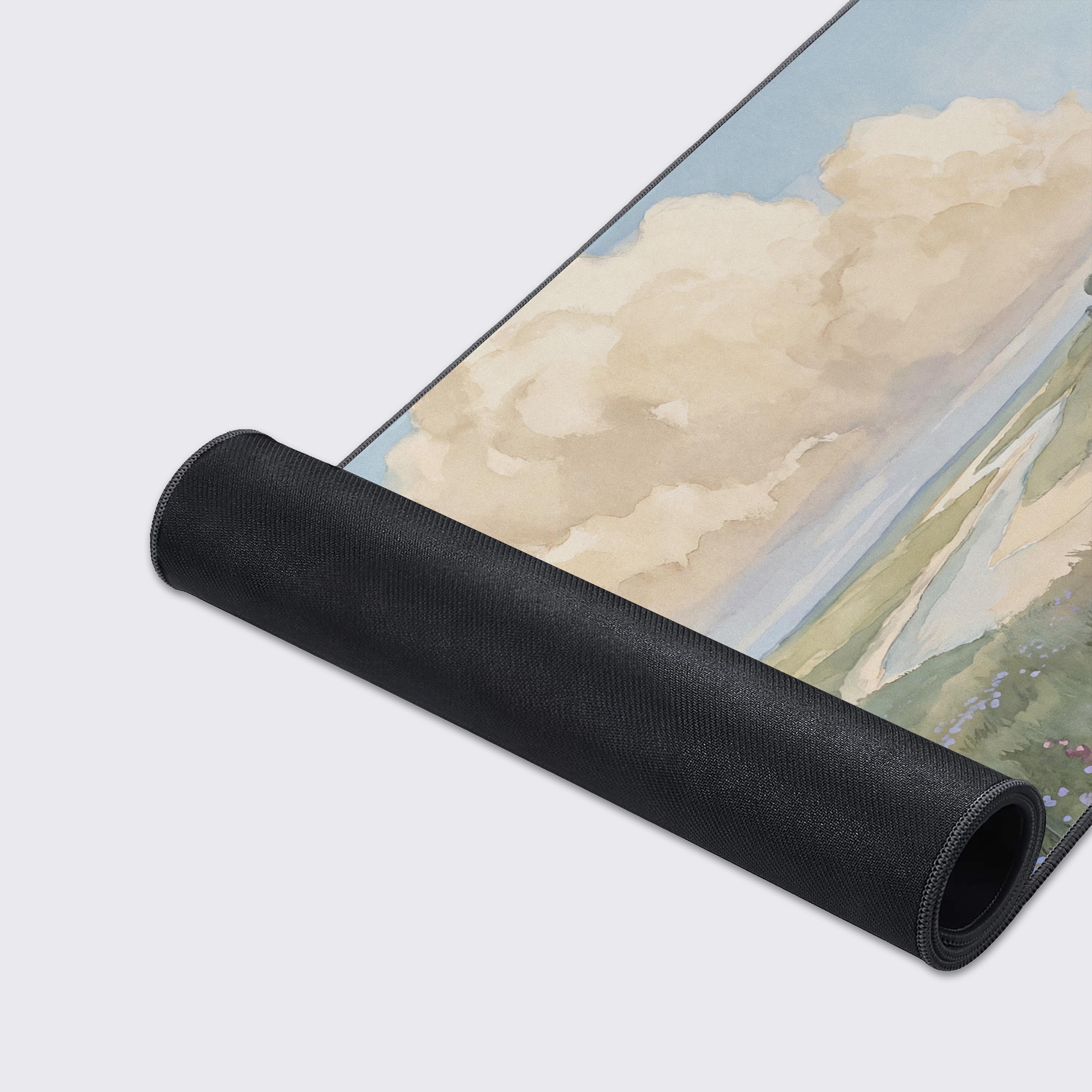 Close up view of the smooth desk mat surface showing vibrant watercolor wildflowers