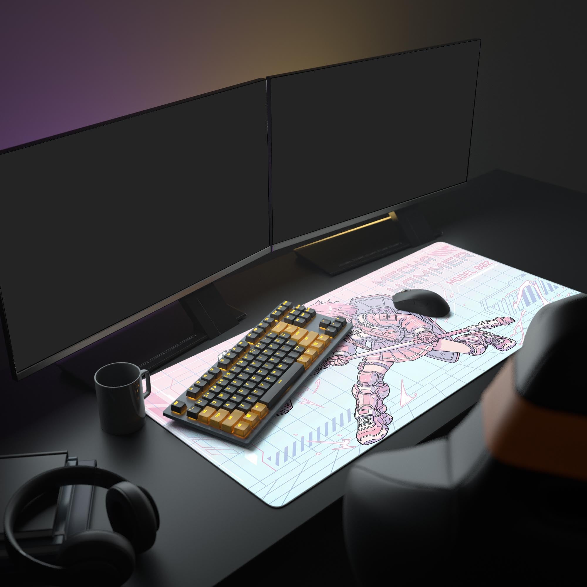 A full PC setup showcasing the pink Mecha Model 002 gaming desk mat, enhancing a workspace with its vibrant anime aesthetic and providing ample room for a keyboard and mouse. - Epic Design Pads & Mousepads