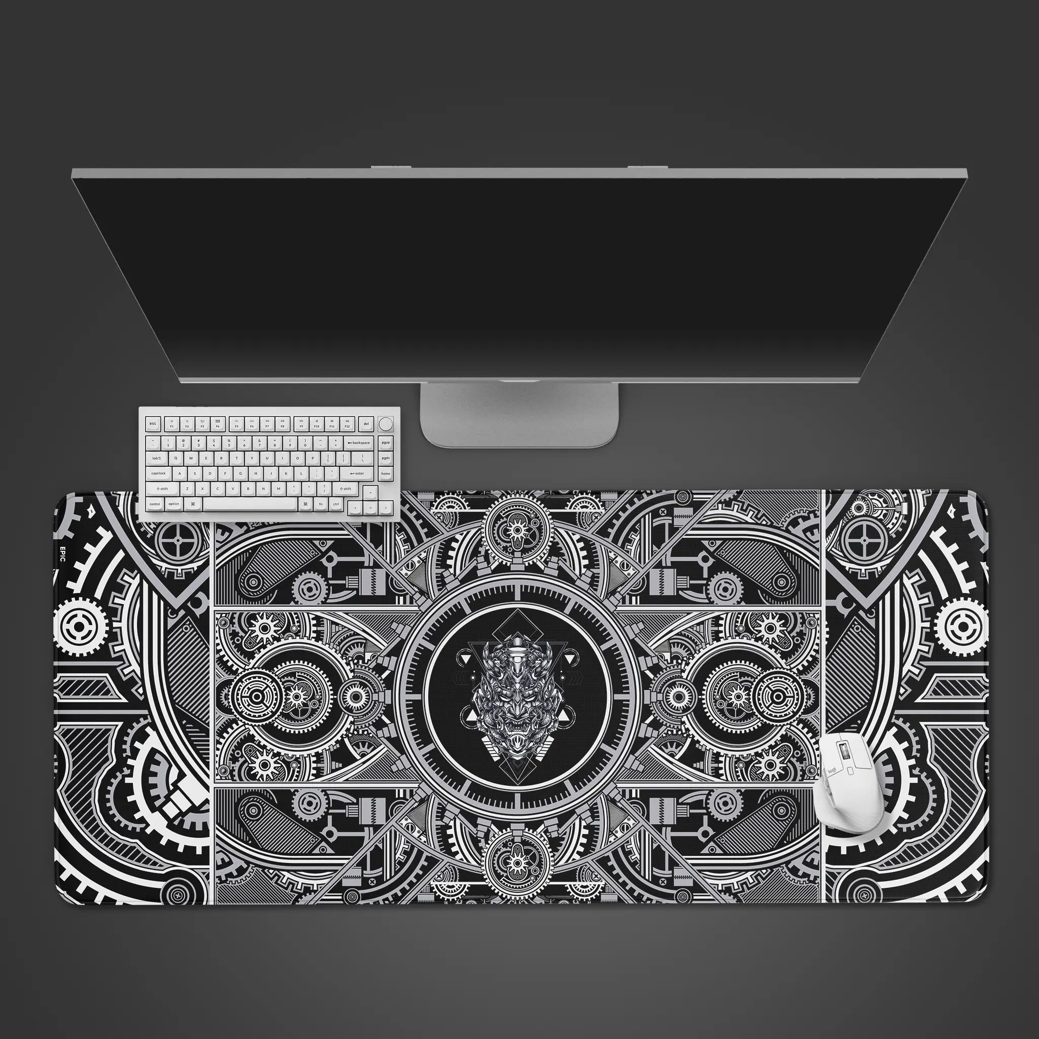 mecha samurai gaming desk pad, mechanic design gaming desk mat, oni mecha samurai japanese large mouse pad, oni mask design mouse pad