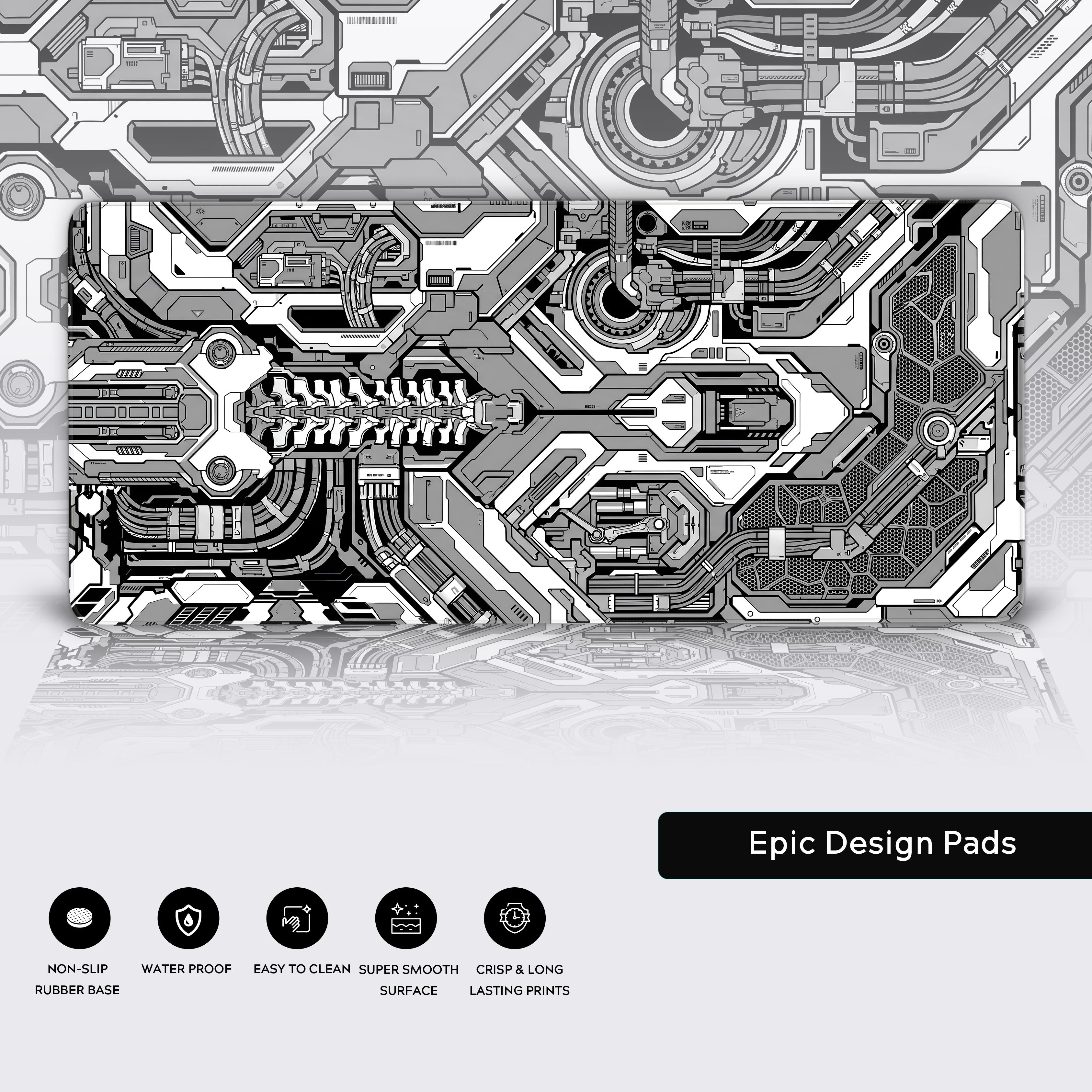 Infographic detailing the desk mat's premium features: non-slip rubber base, waterproof surface, easy to clean, super smooth, and crisp lasting prints.