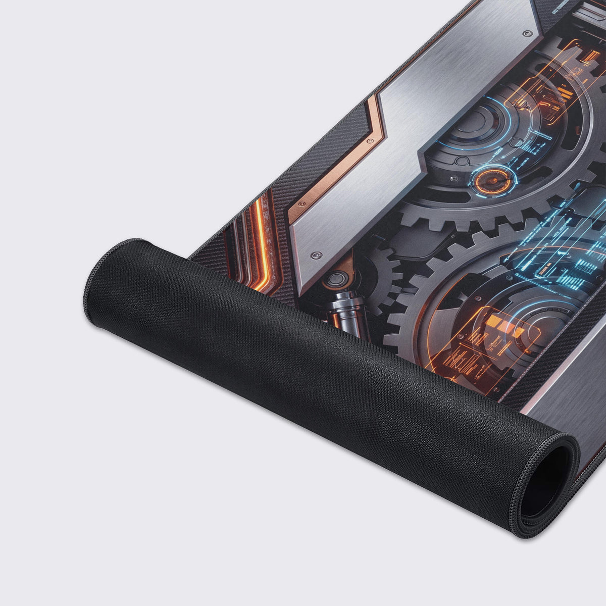 Glowing orange and blue holographic interfaces overlaying dark metallic machinery artwork.
