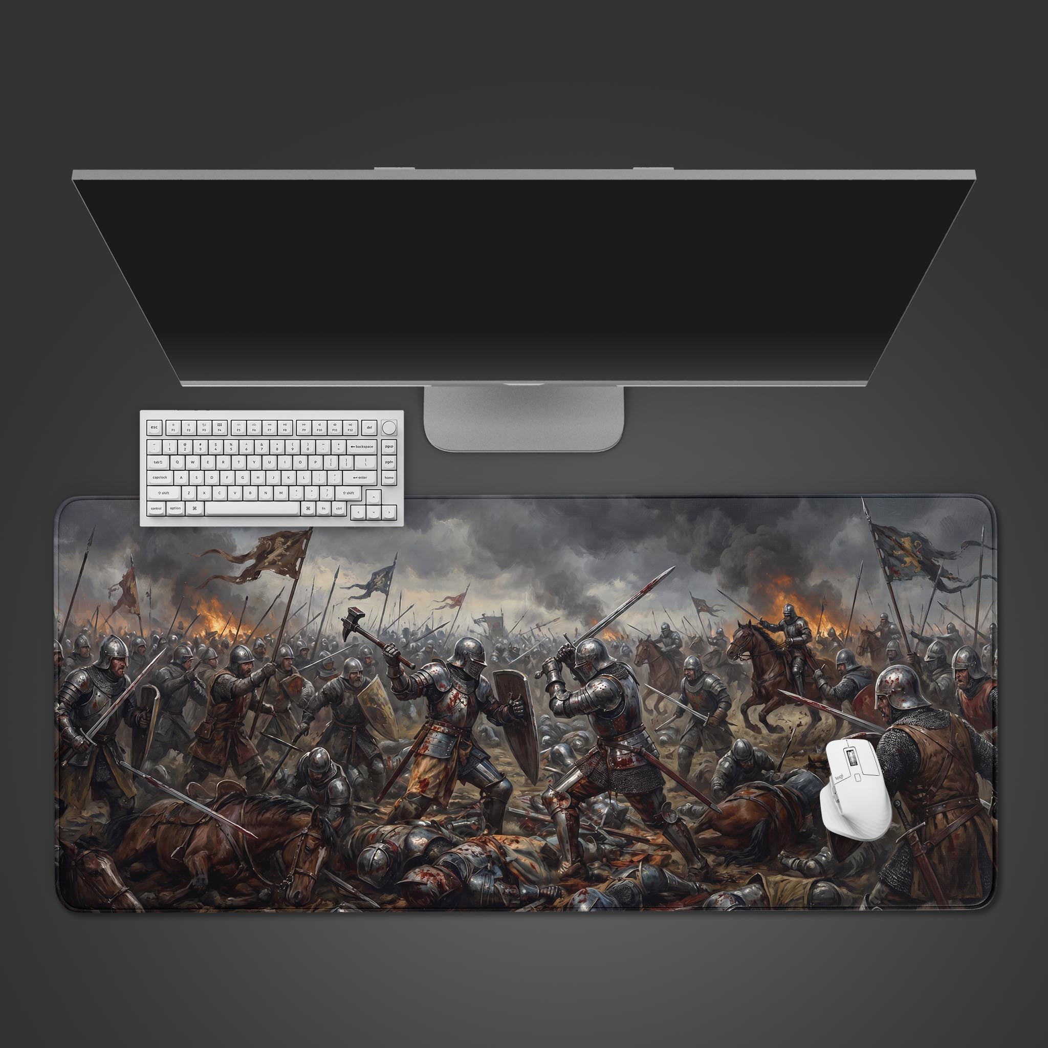 Epic medieval battle scene desk mat featuring knights in combat