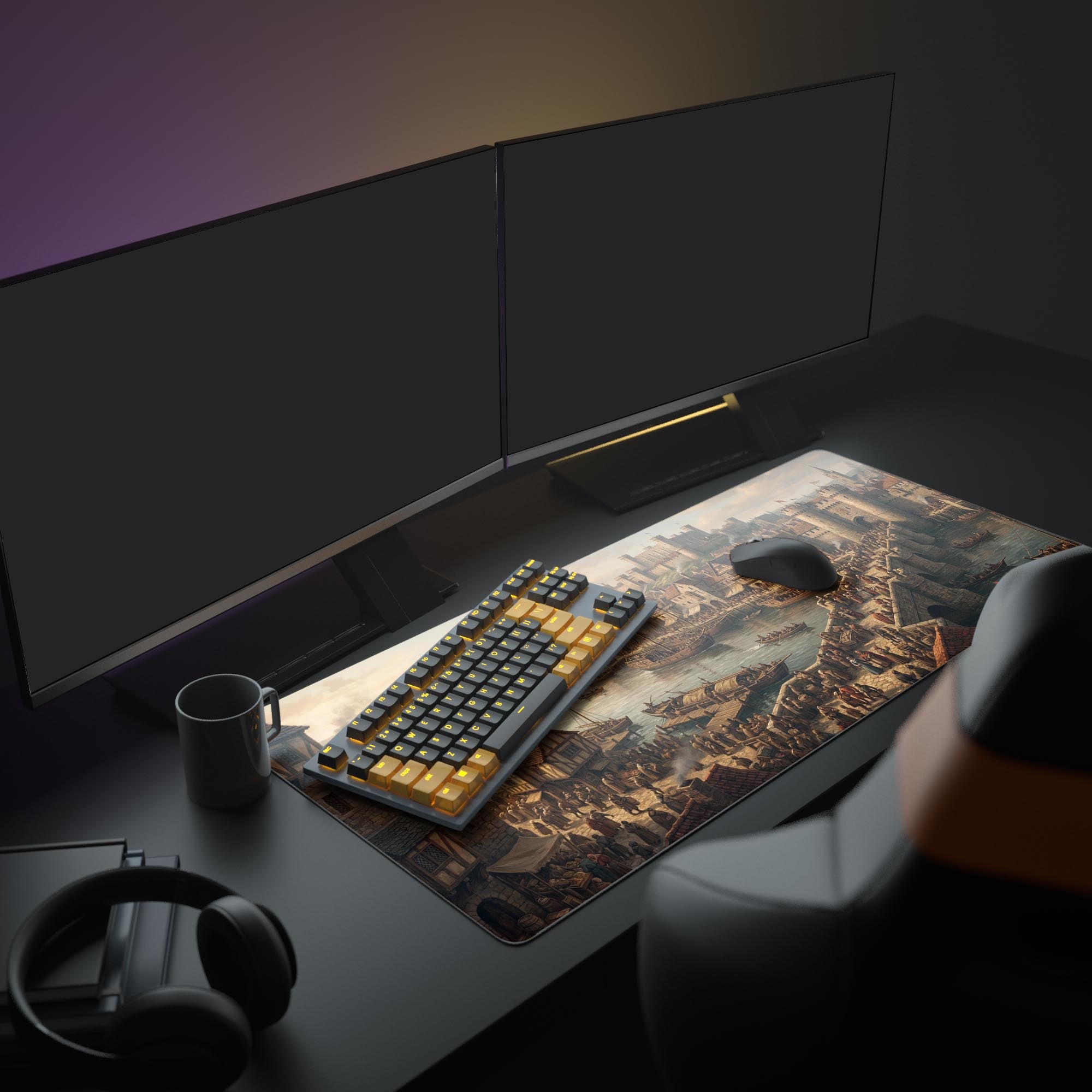 A gaming setup featuring the Medieval Trade Hub XL mouse pad, showing the historical city art beneath dual monitors and an illuminated keyboard. - Epic Design Pads & Mousepads