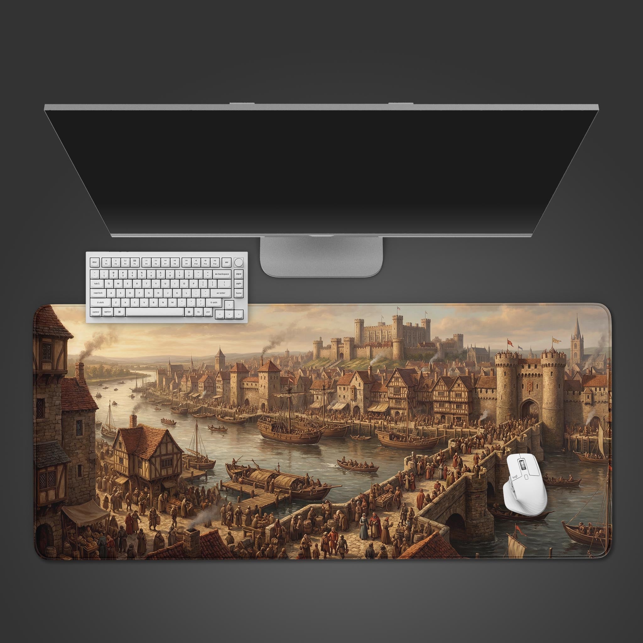 Top-down view of the Medieval Trade Hub gaming desk mat, displayed with a sleek white keyboard and mouse on a dark surface. - Epic Design Pads & Mousepads