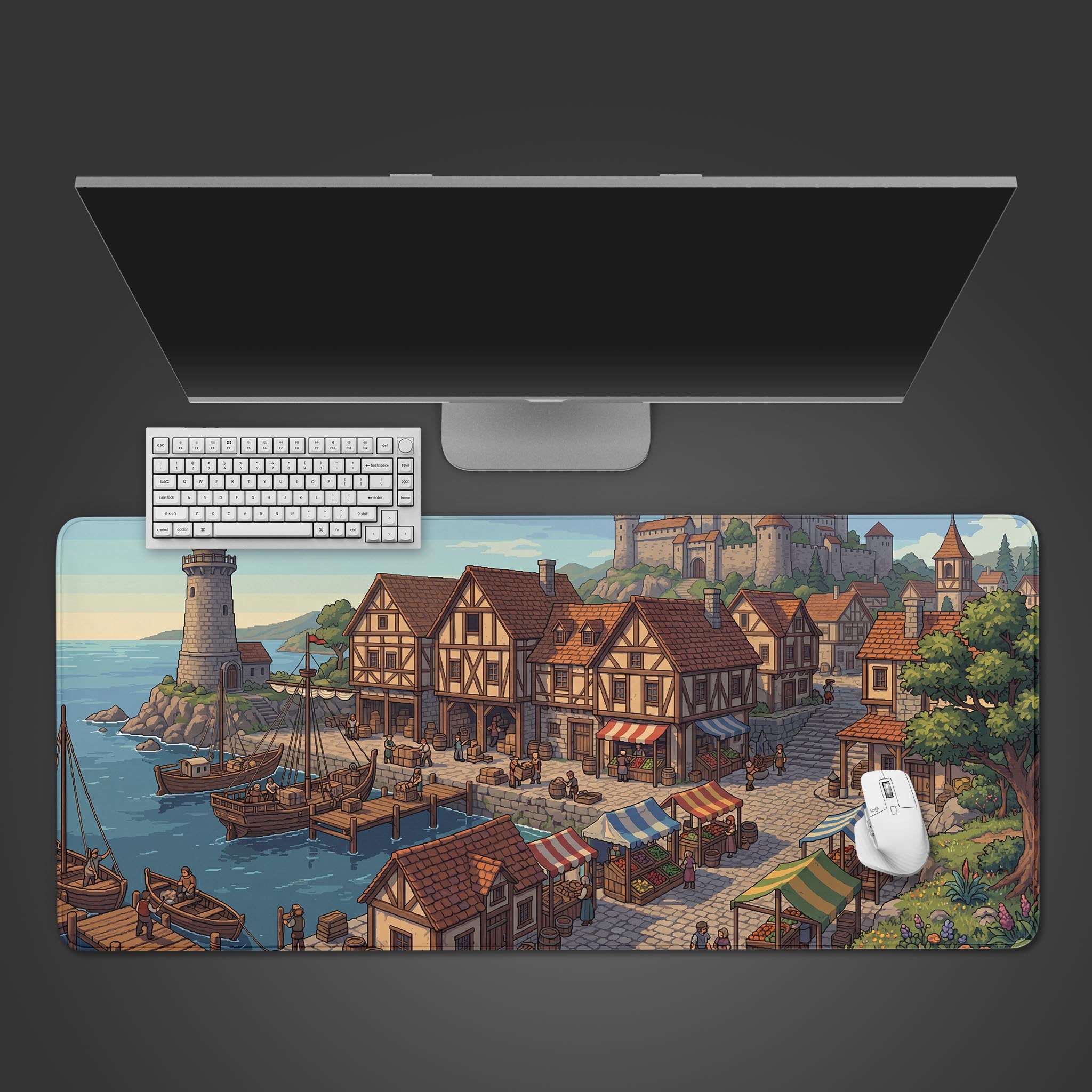Medieval coastal harbor village desk mat featuring a bustling marketplace and docked ships