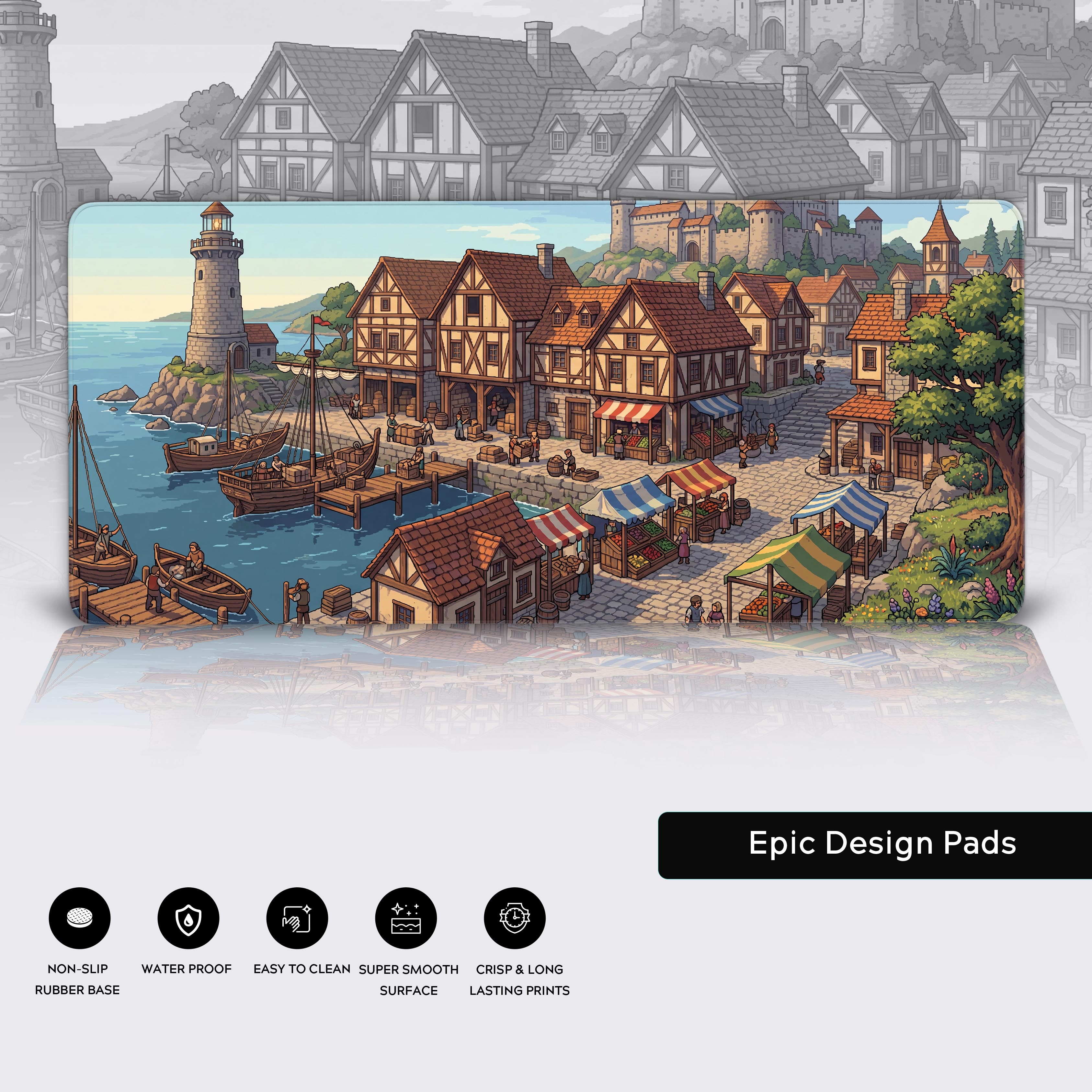 Features of the medieval village desk mat including non-slip base, waterproof coating, and vibrant lasting print