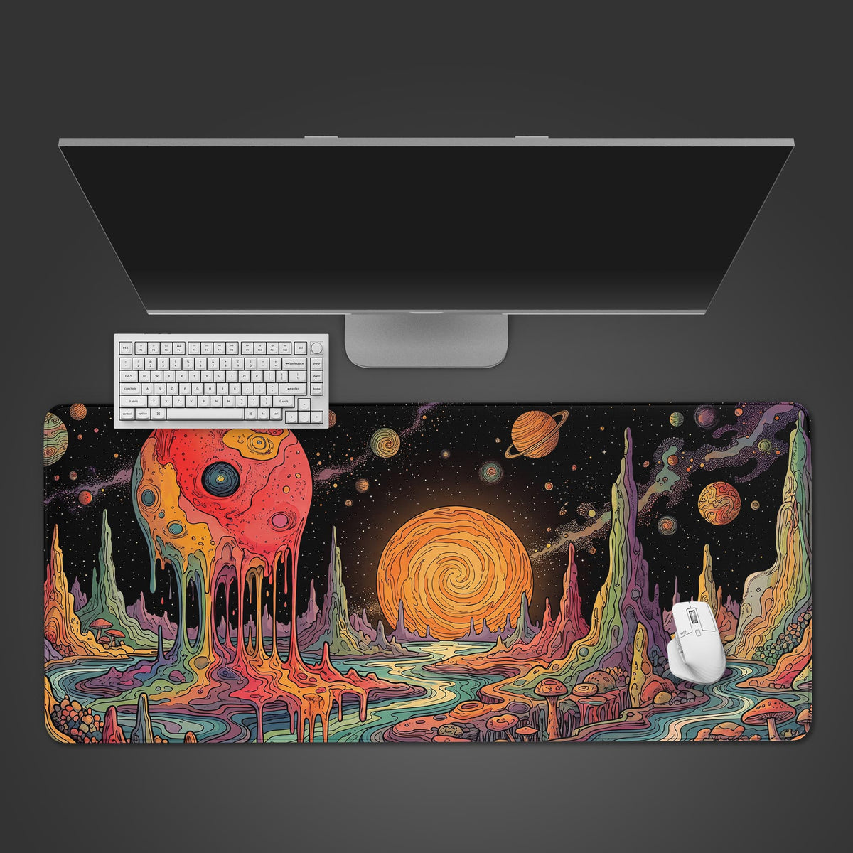 A desk mat featuring a psychedelic melting planet over a colorful alien landscape with swirling rivers and glowing stars