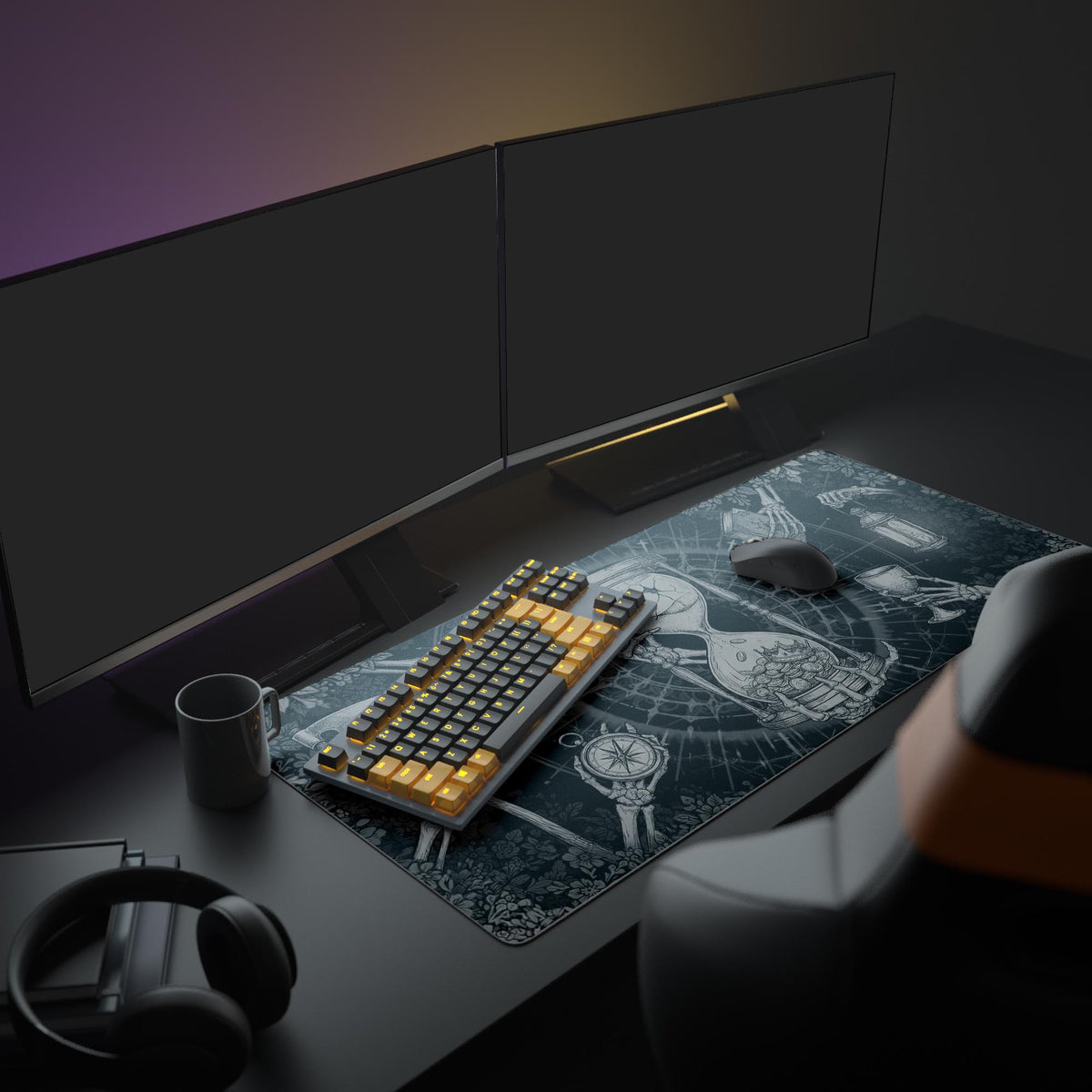 A full gaming setup featuring the Memento Mori mouse pad, which complements the dark aesthetic of the desk, monitors, and an illuminated keyboard, creating a focused workspace. - Epic Design Pads & Mousepads