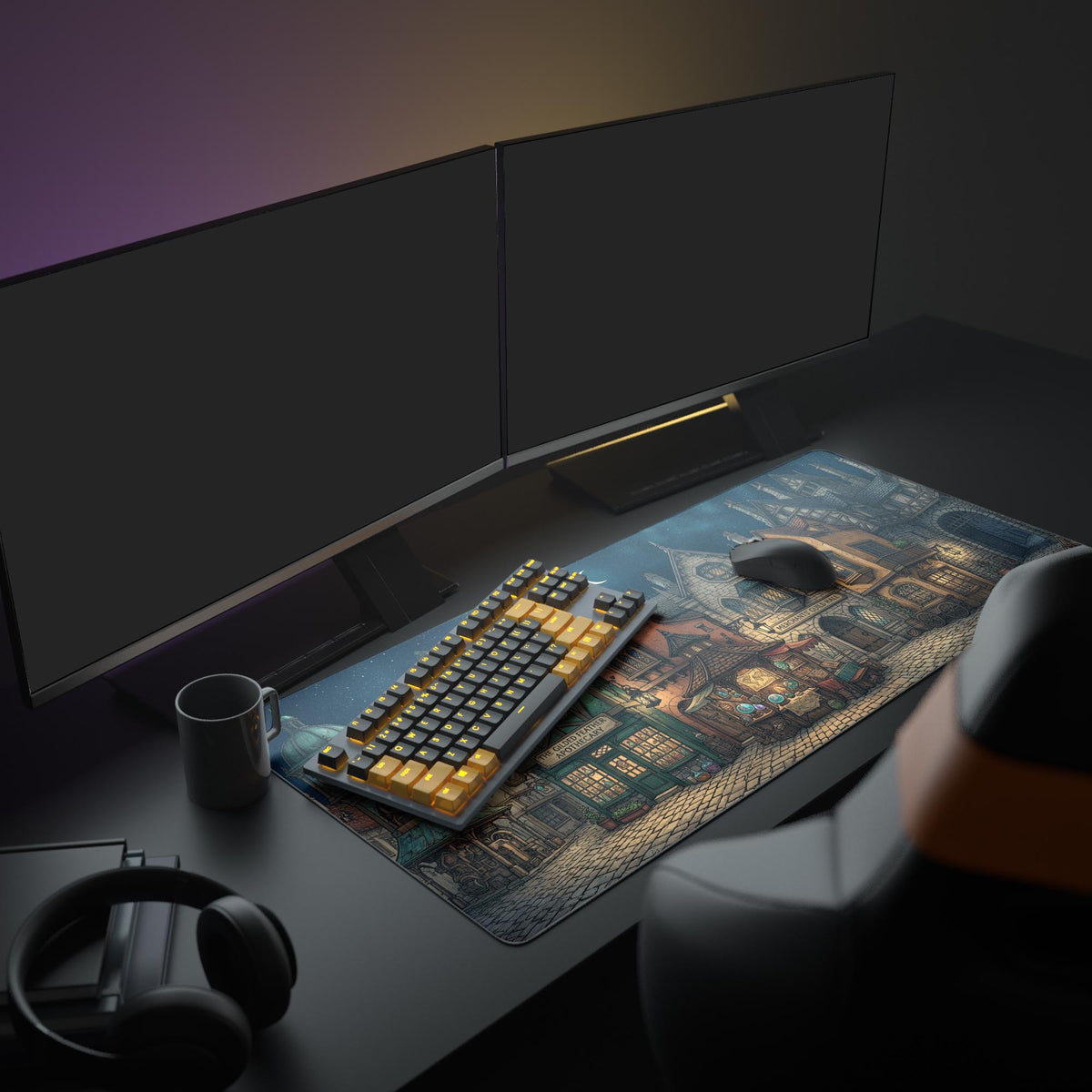 The Merchant's Row fantasy village mouse pad shown in a cozy gaming setup, with illuminated monitors and a mechanical keyboard creating an immersive atmosphere. - Epic Design Pads & Mousepads