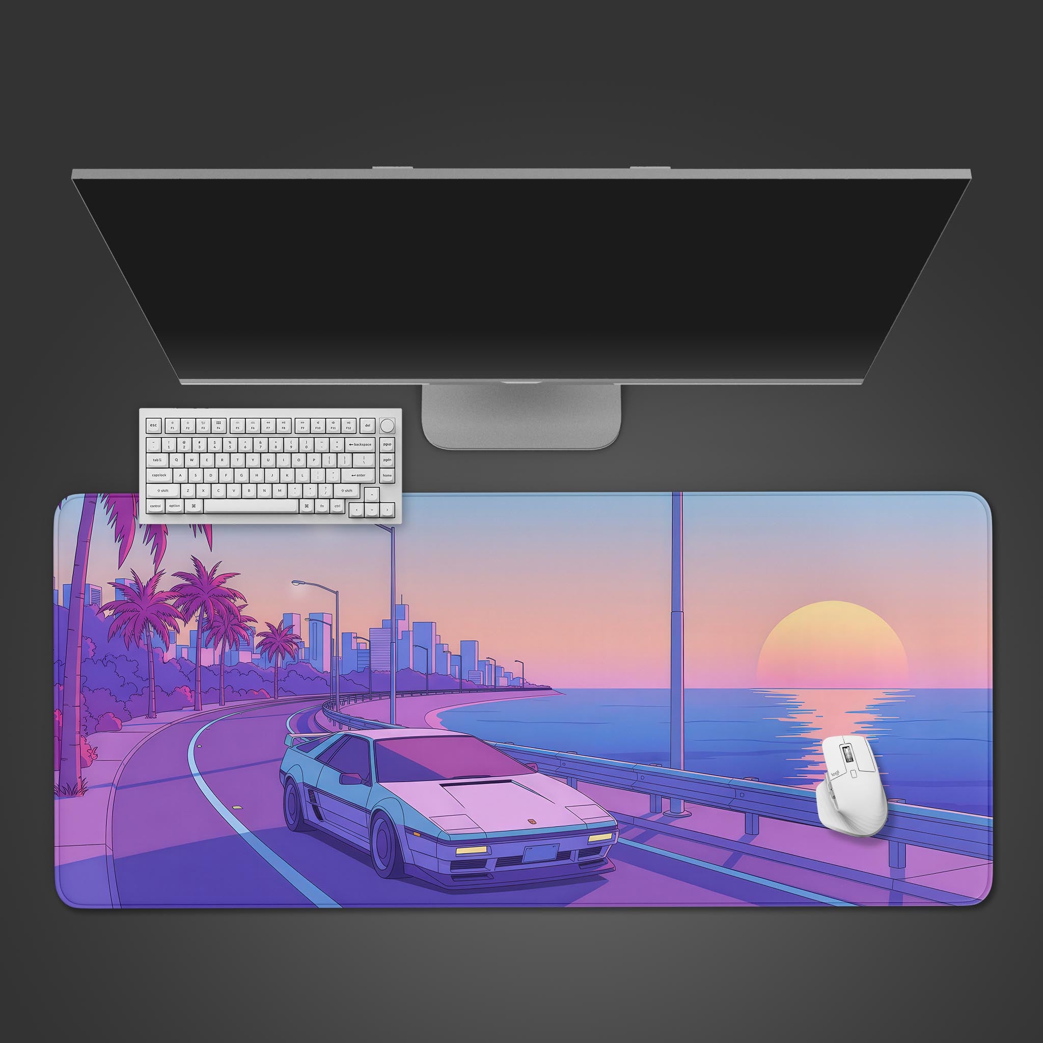 Miami Drive synthwave desk mat showing a retro car on a coastal highway – top-down view with keyboard and mouse. - Epic Design Pads