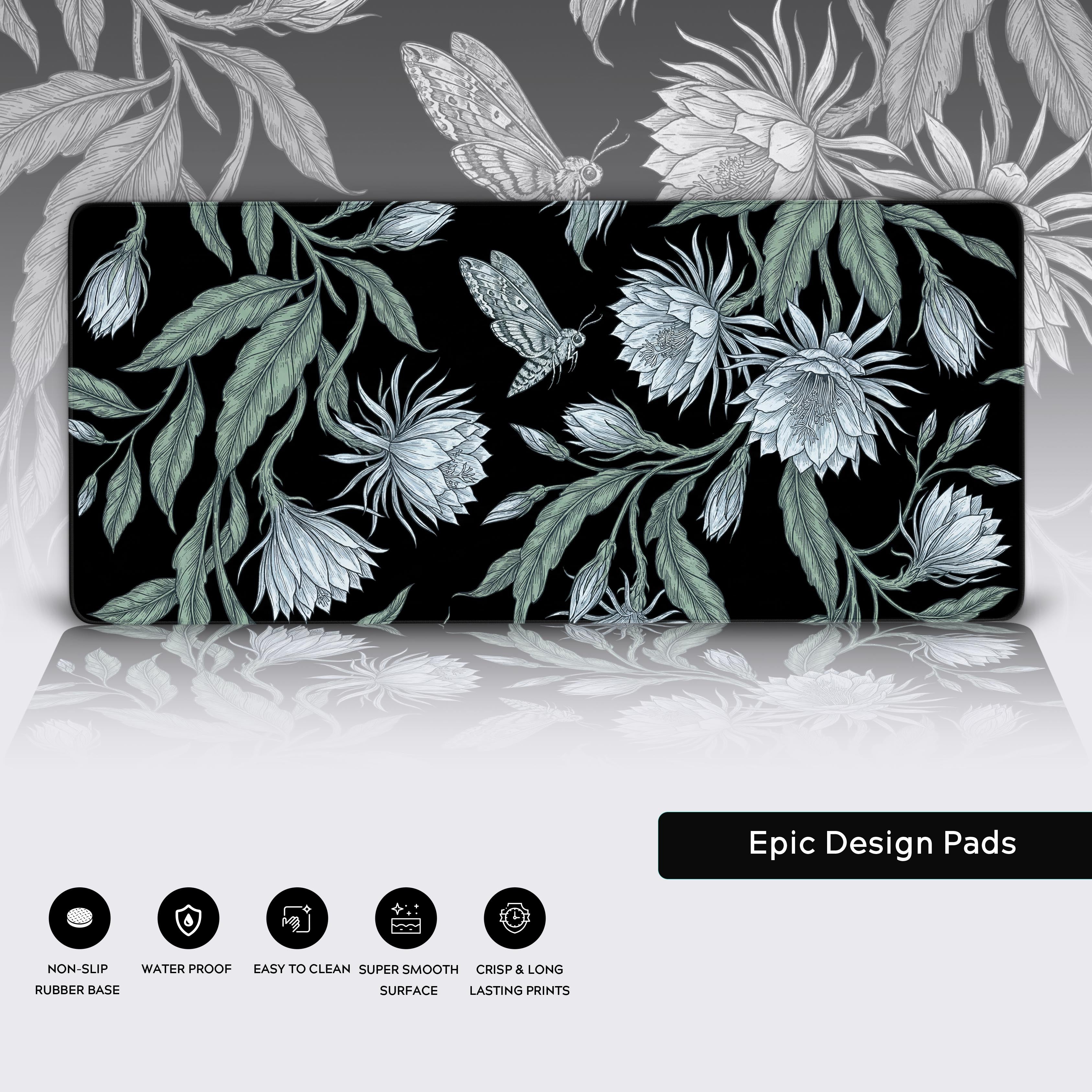 Iconography showcasing the desk mat premium features: non-slip rubber base, waterproof, easy to clean, and super smooth surface.