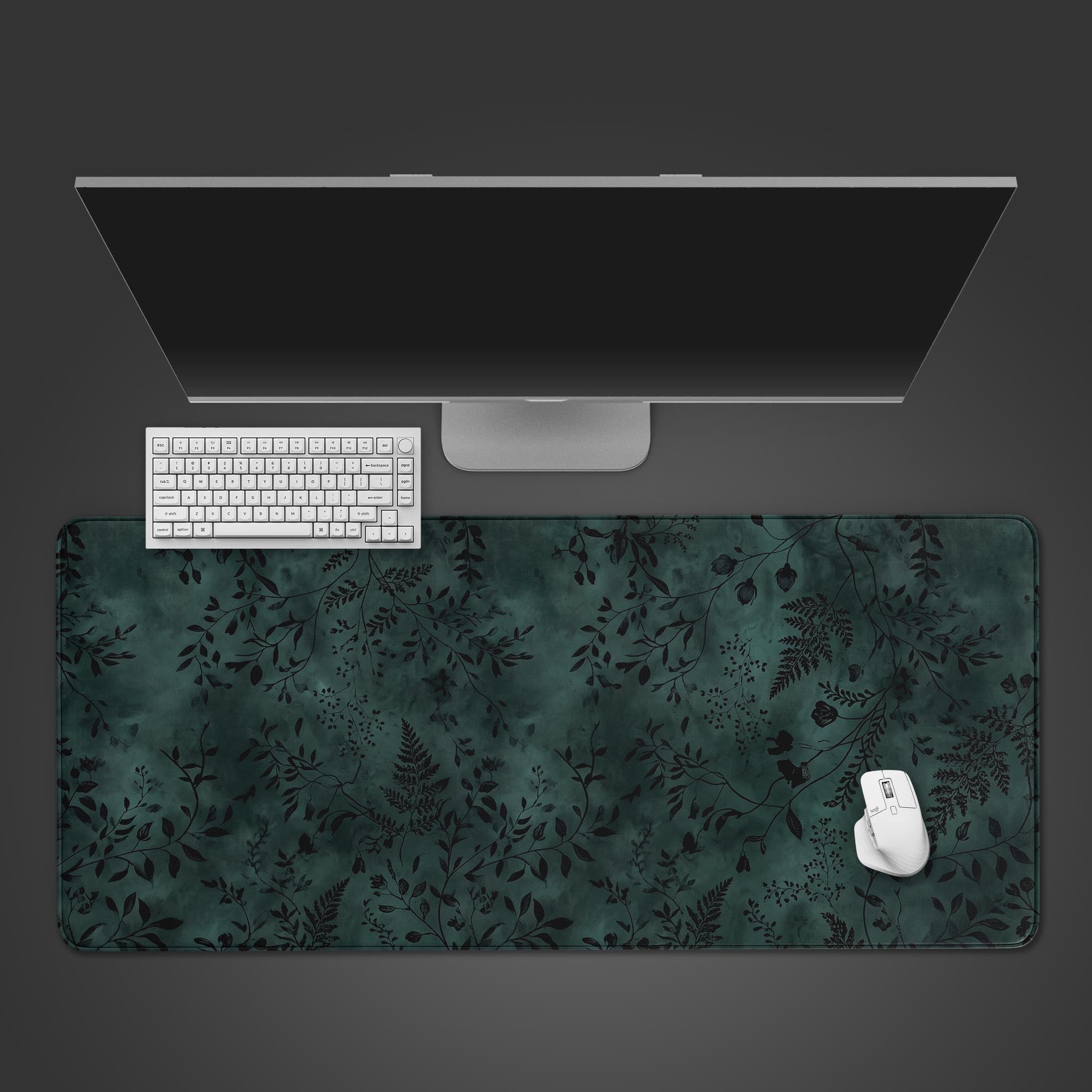 Midnight Botanicals dark green desk mat featuring elegant black floral and fern silhouettes