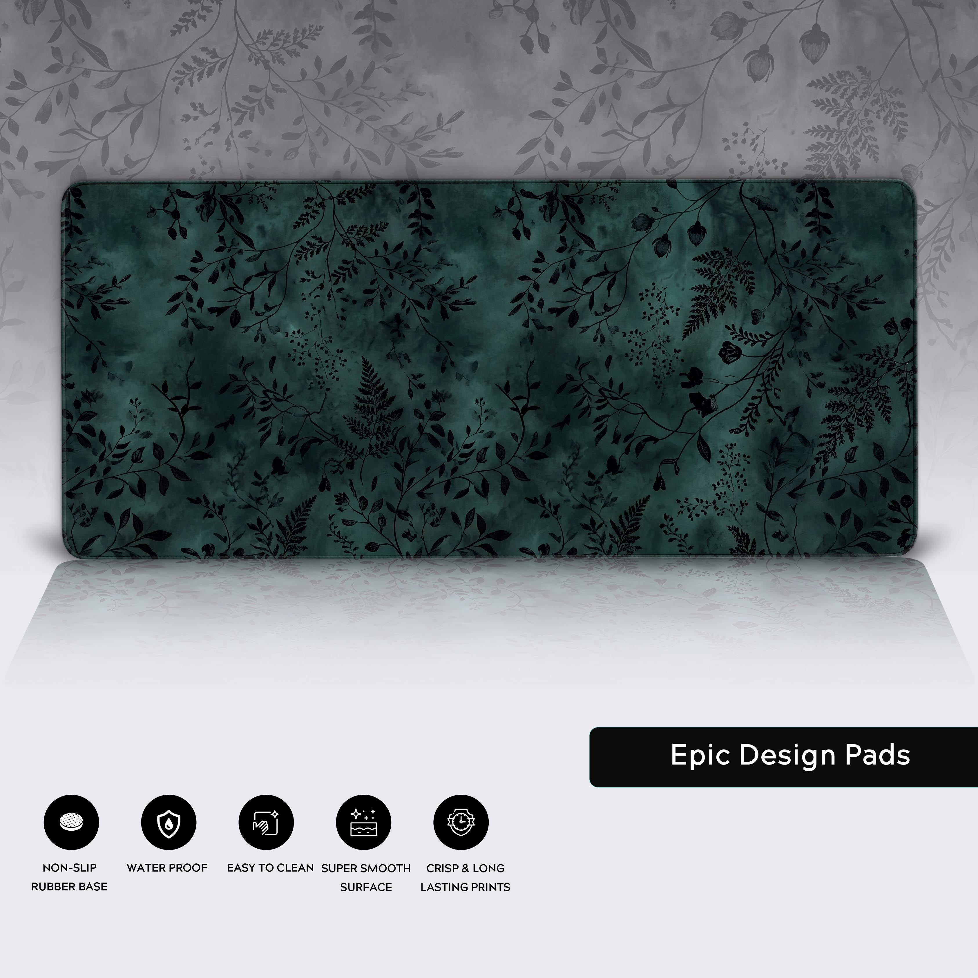 Epic Design Pads dark green botanical desk mat displaying non-slip, waterproof, and easy-to-clean feature icons