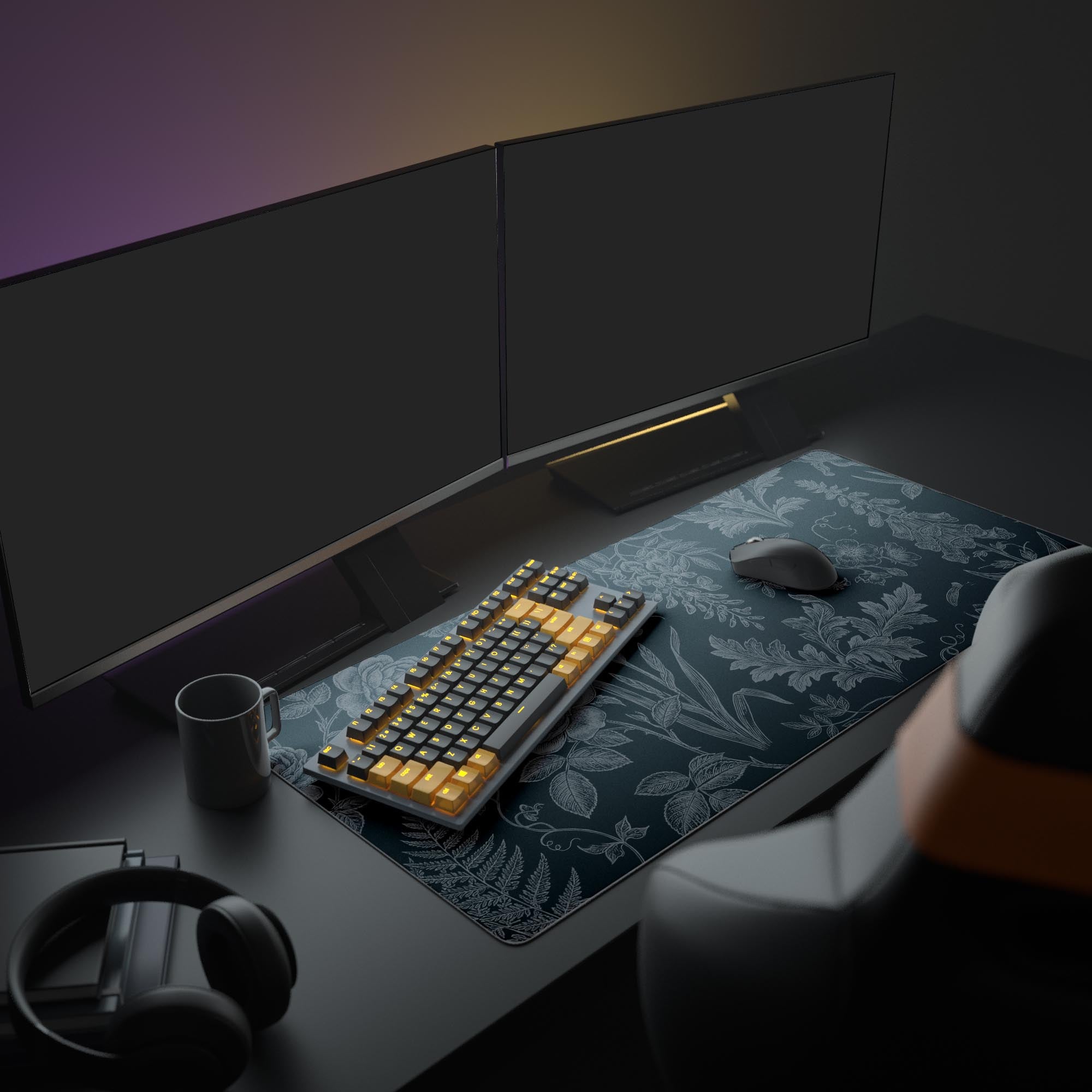 A Dark Academia PC setup featuring the Midnight Botany gaming desk mat, illuminated by a warm lamp, with dual monitors and a mechanical keyboard. - Epic Design Pads & Mousepads