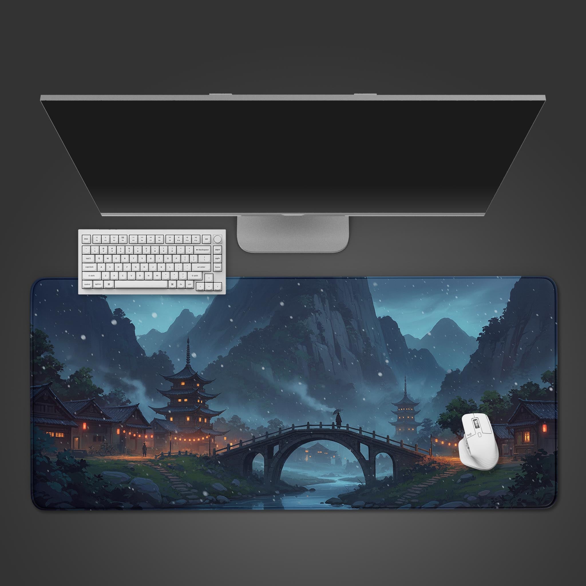 Midnight Bridge desk mat with serene twilight design – desktop view with keyboard and mouse. - Epic Design Pads
