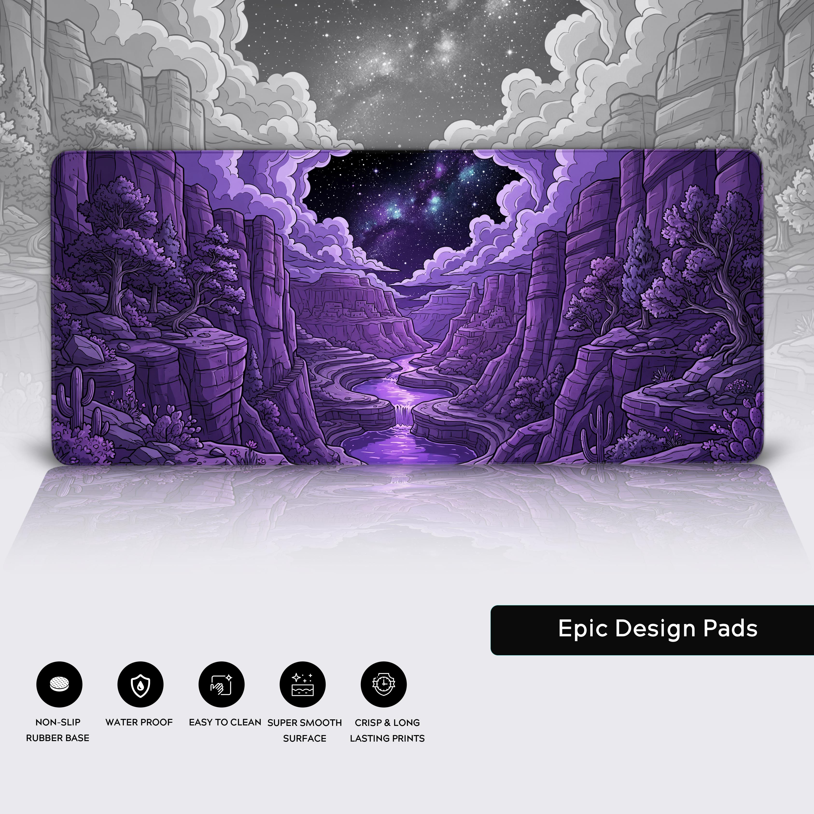 Midnight Canyon gaming mouse pad highlighting its waterproof and non-slip rubber base features.