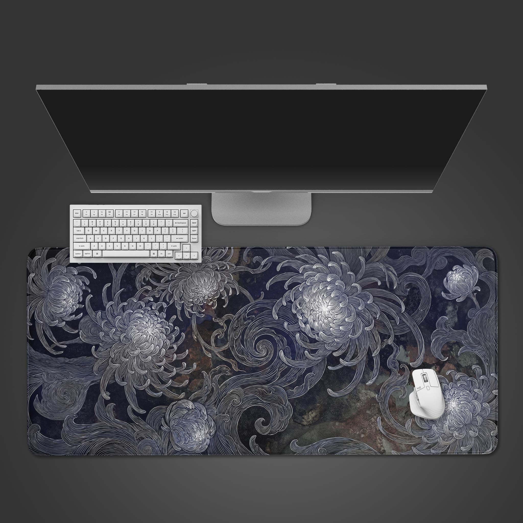 Midnight Chrysanthemum elegant dark floral desk mat featuring white line-art blooms.