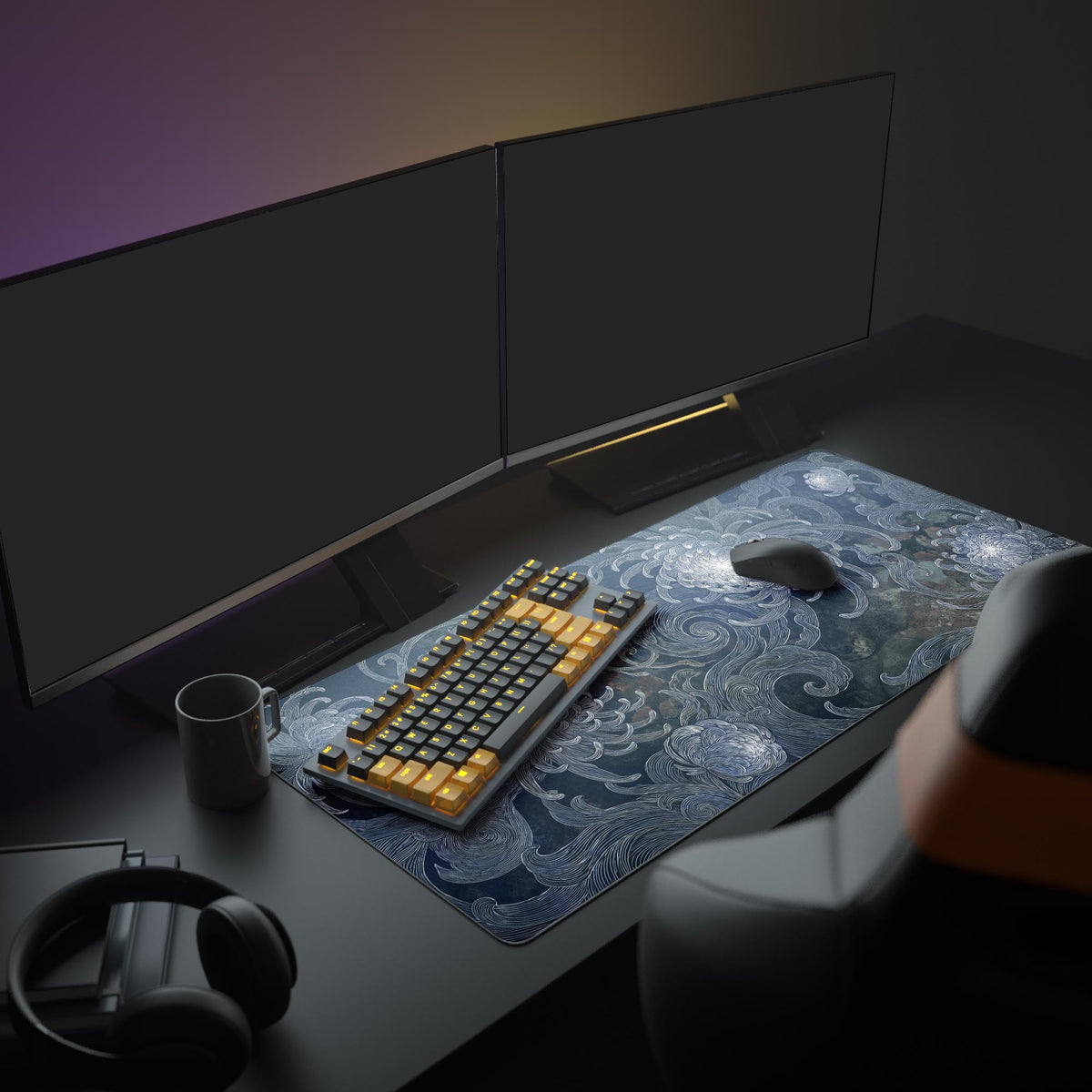 Detailed view of the intricate swirling chrysanthemum petals on the dark botanical mouse pad.