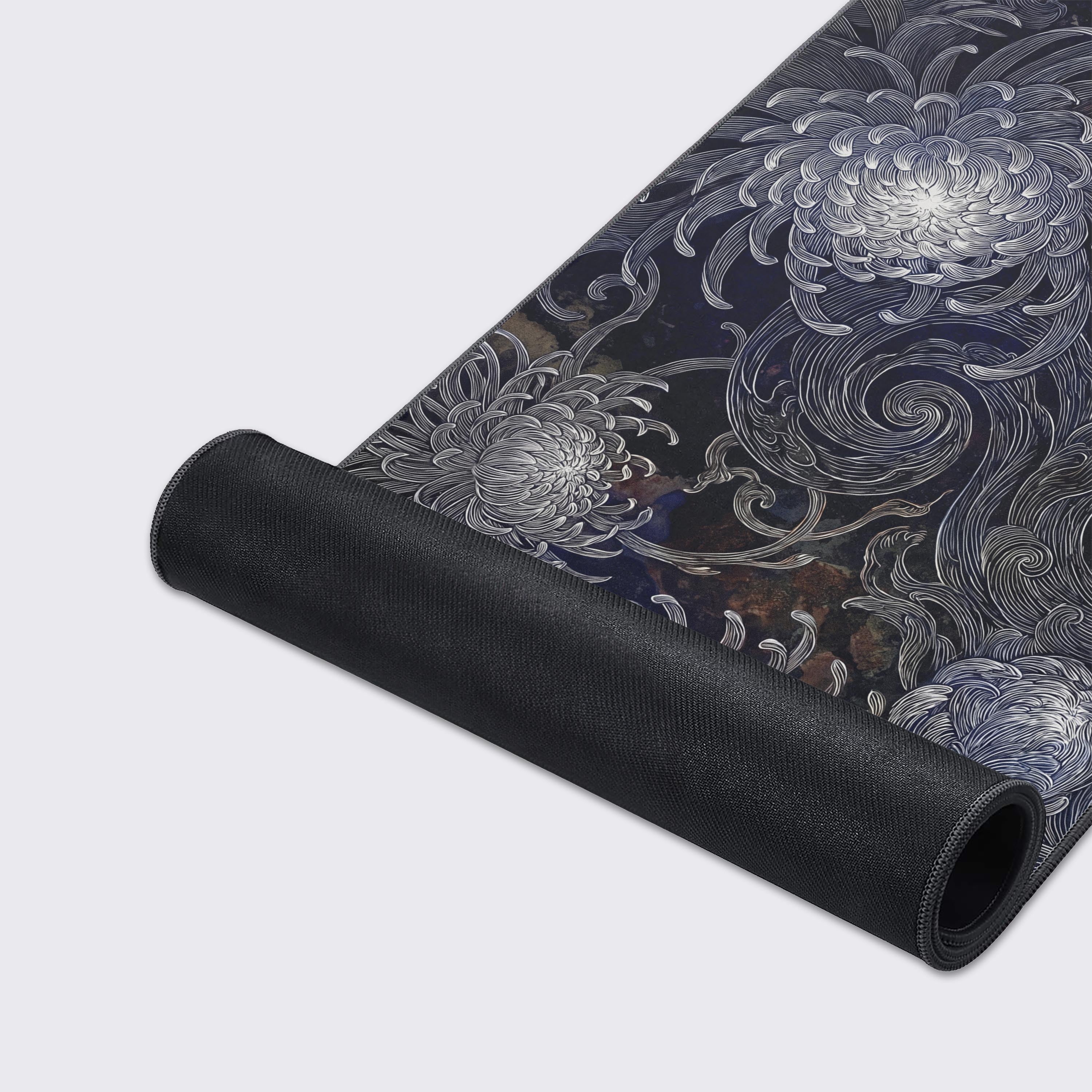 Features of the Midnight Chrysanthemum desk mat showing waterproof, non-slip, and smooth surface icons.