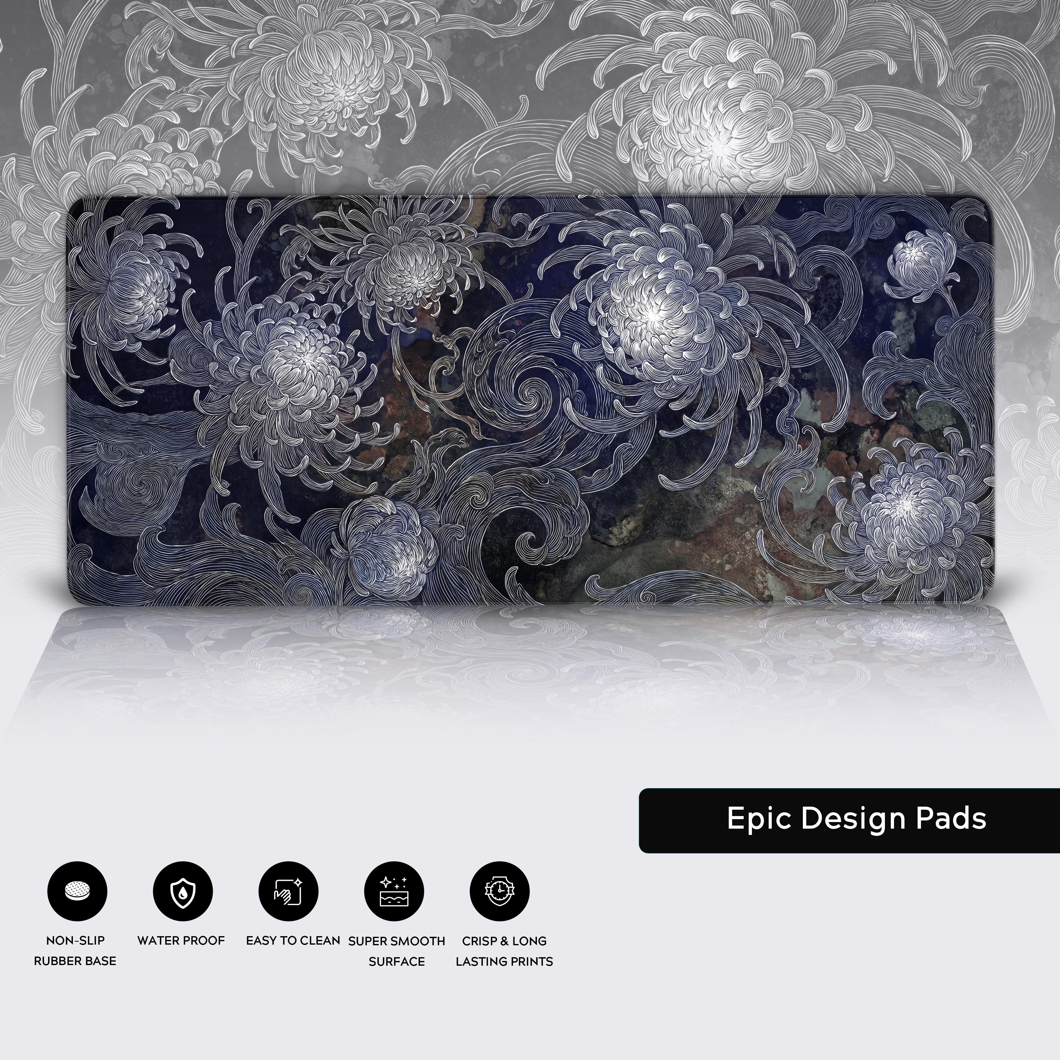 Full view of the Midnight Chrysanthemum extra large gaming mouse pad with epic botanical design.